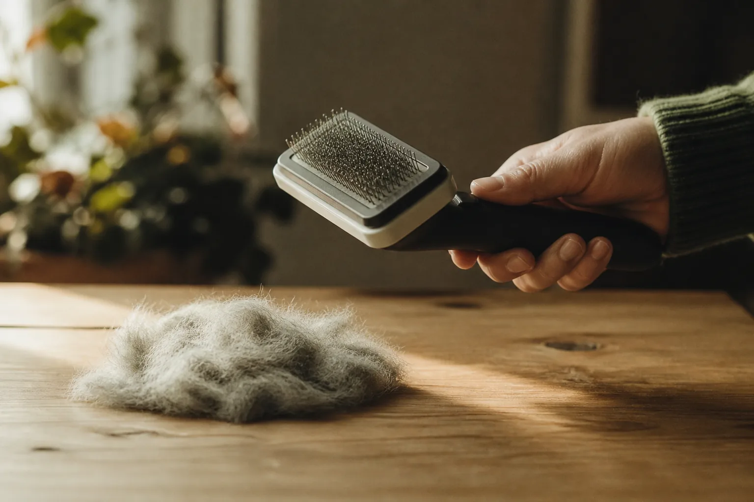 A hand holding a self-cleaning slicker brush over an oak table, with a compact pad of released undercoat beside it