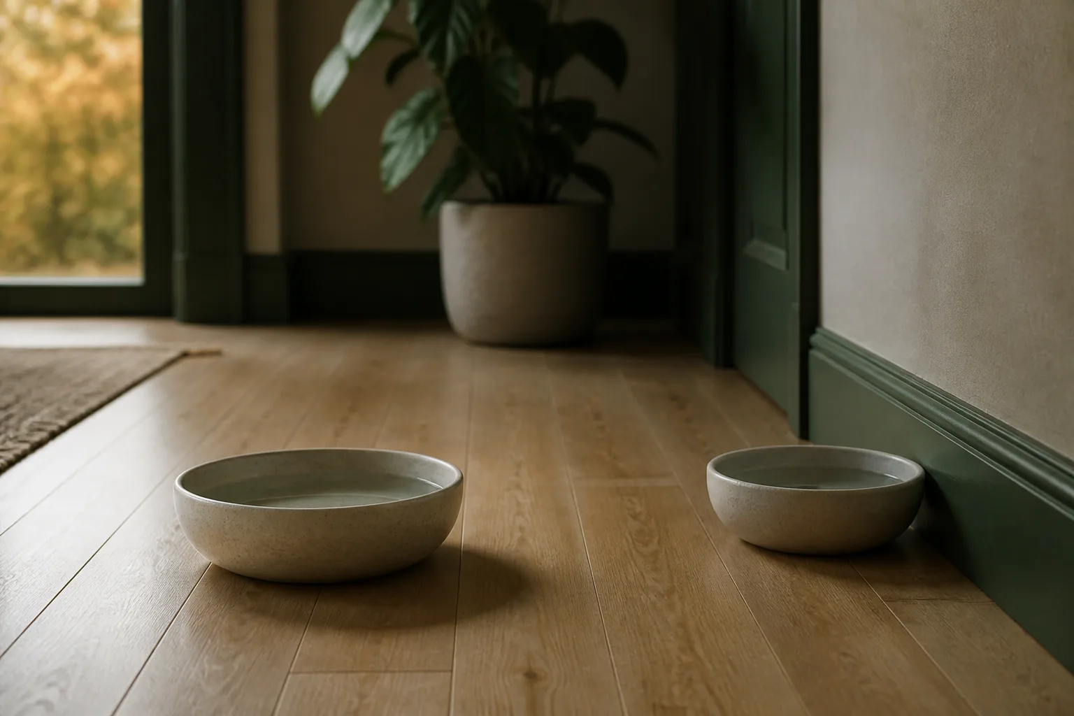 Two ceramic water bowls on a pale oak floor in low autumn daylight, one placed away from the wall