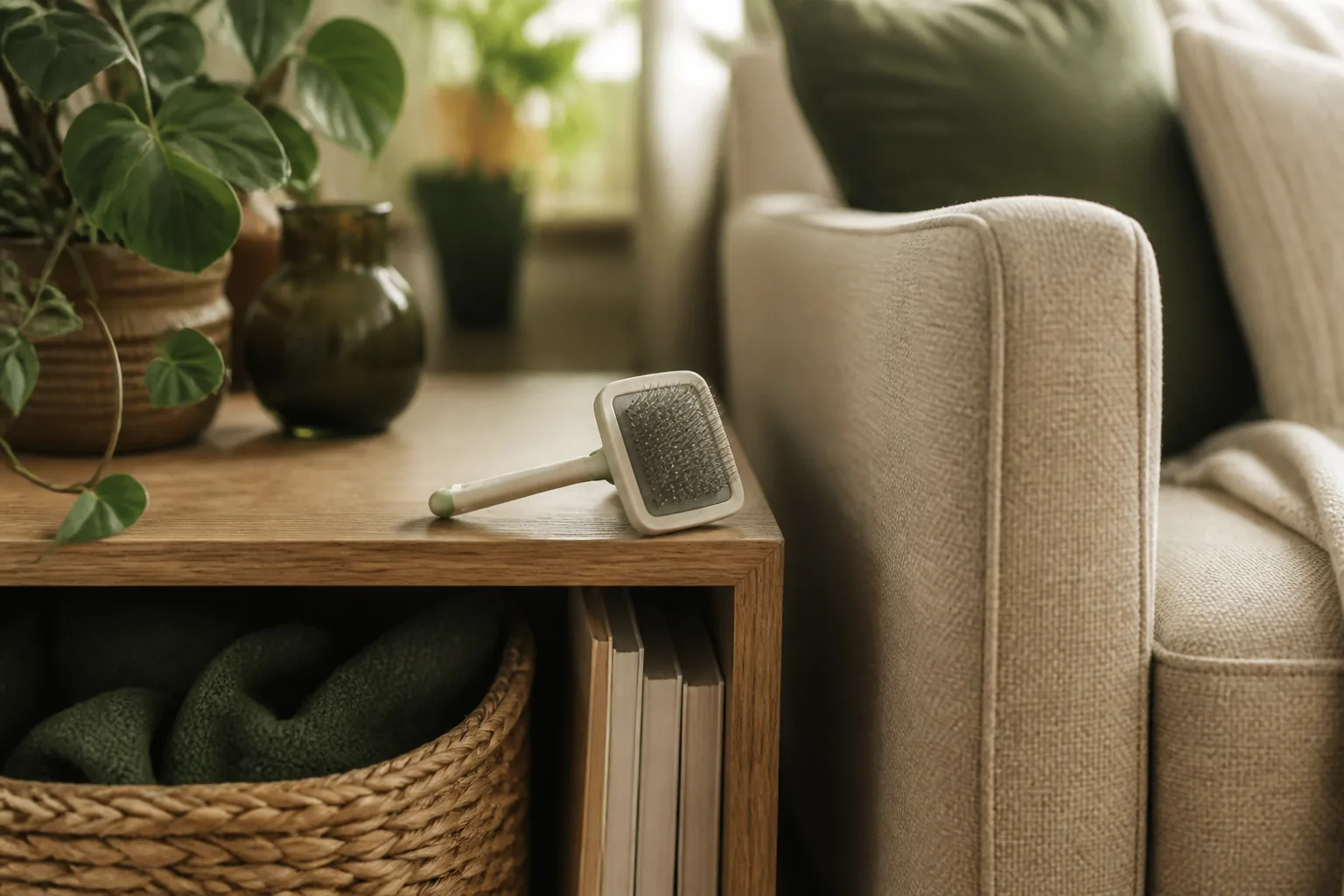 A self-cleaning slicker brush resting on a shelf beside a sofa, within easy reach