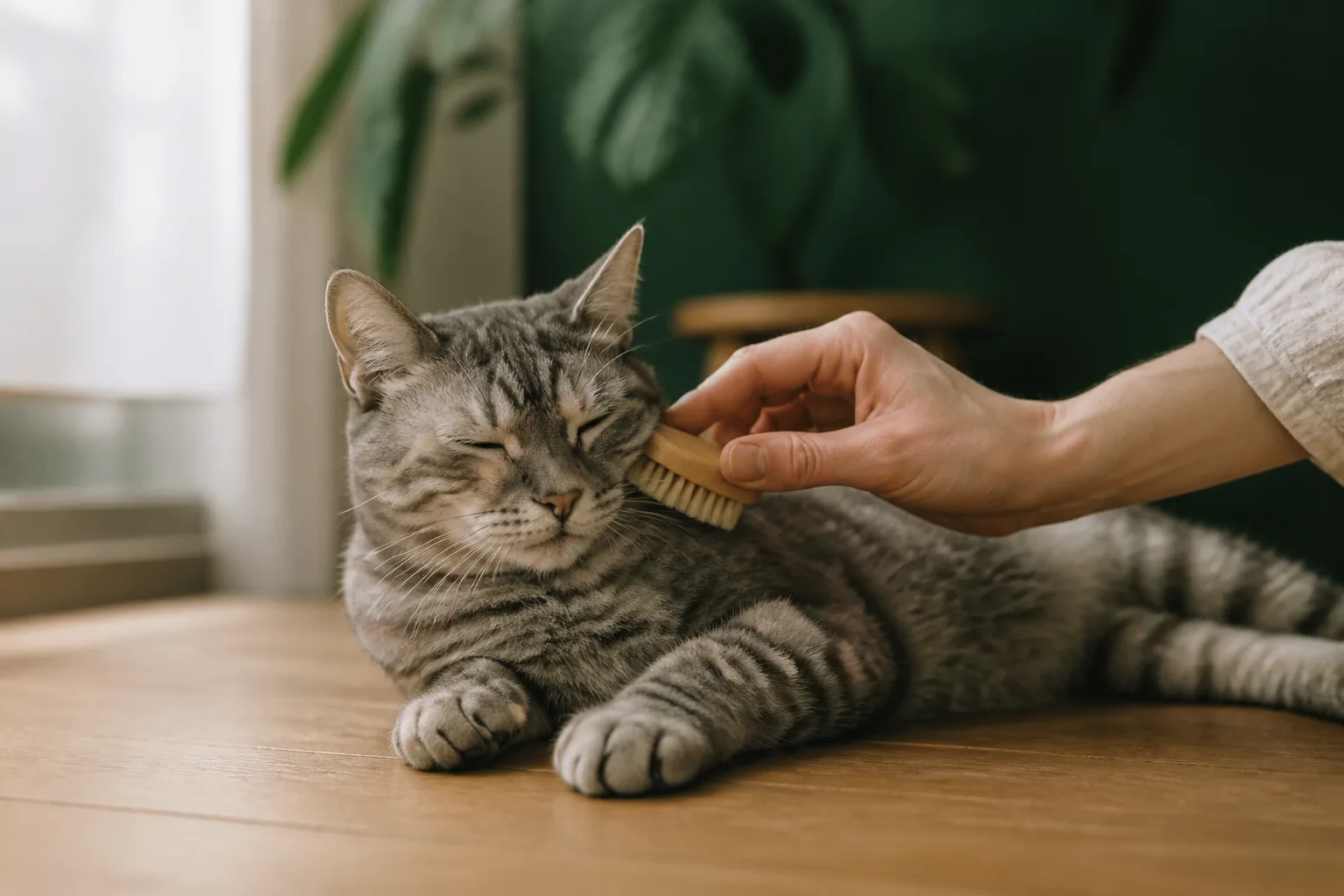 A grey tabby lying relaxed while being brushed in short strokes along the cheek and shoulder