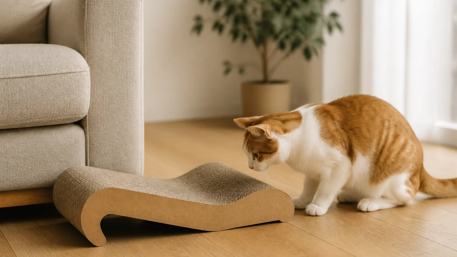 A cat inspecting a corrugated cardboard scratcher lounger placed beside a sofa in a bright room