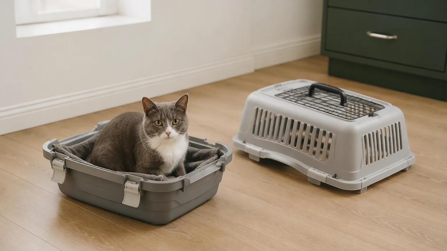 上盖被完整拆下放在一旁的两件式航空箱，猫安然坐在底盘里