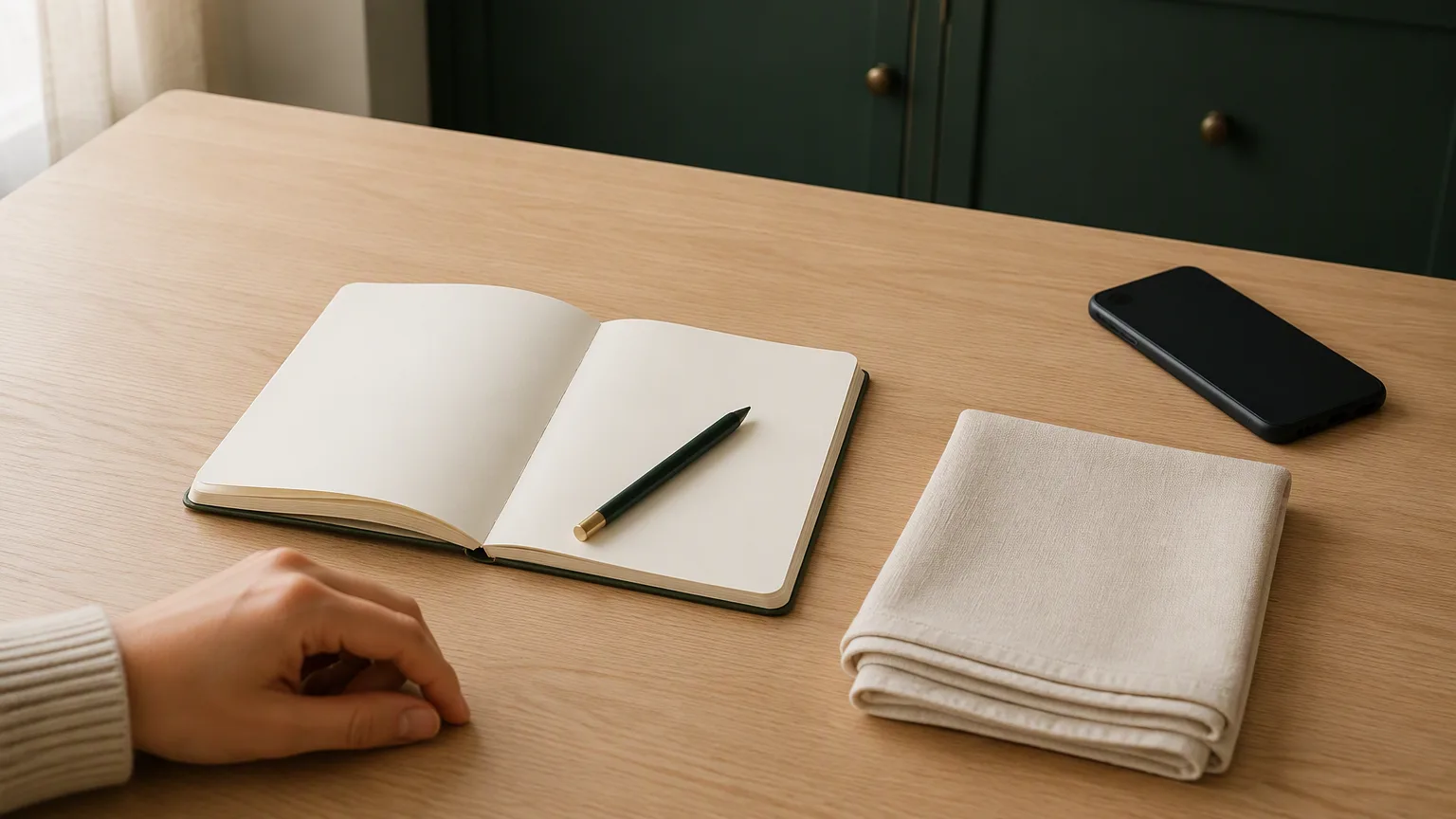 A blank notebook, cloth and face-down phone ready for recording collar-care instructions.