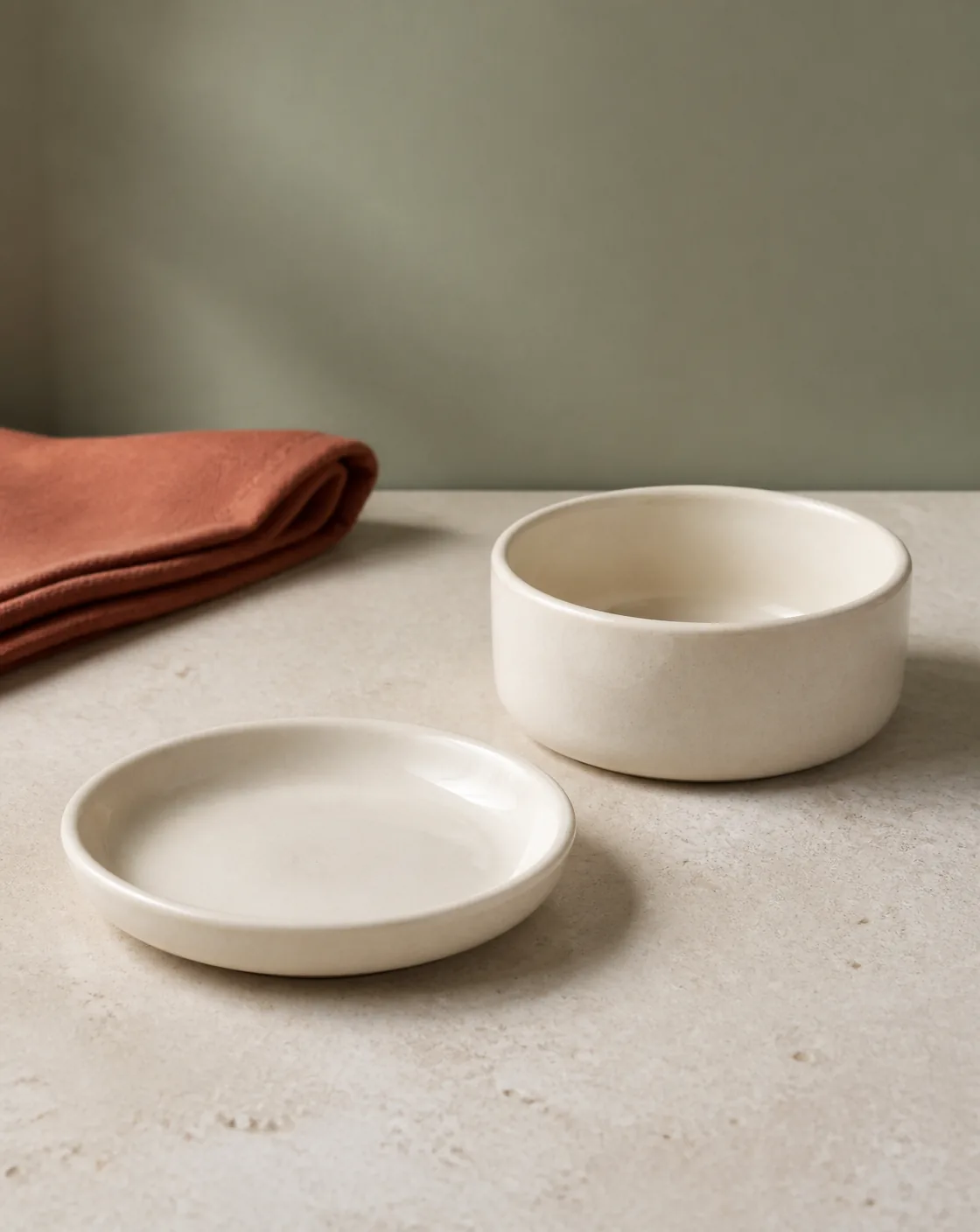 An empty shallow ceramic saucer and a deeper bowl show different rim profiles.