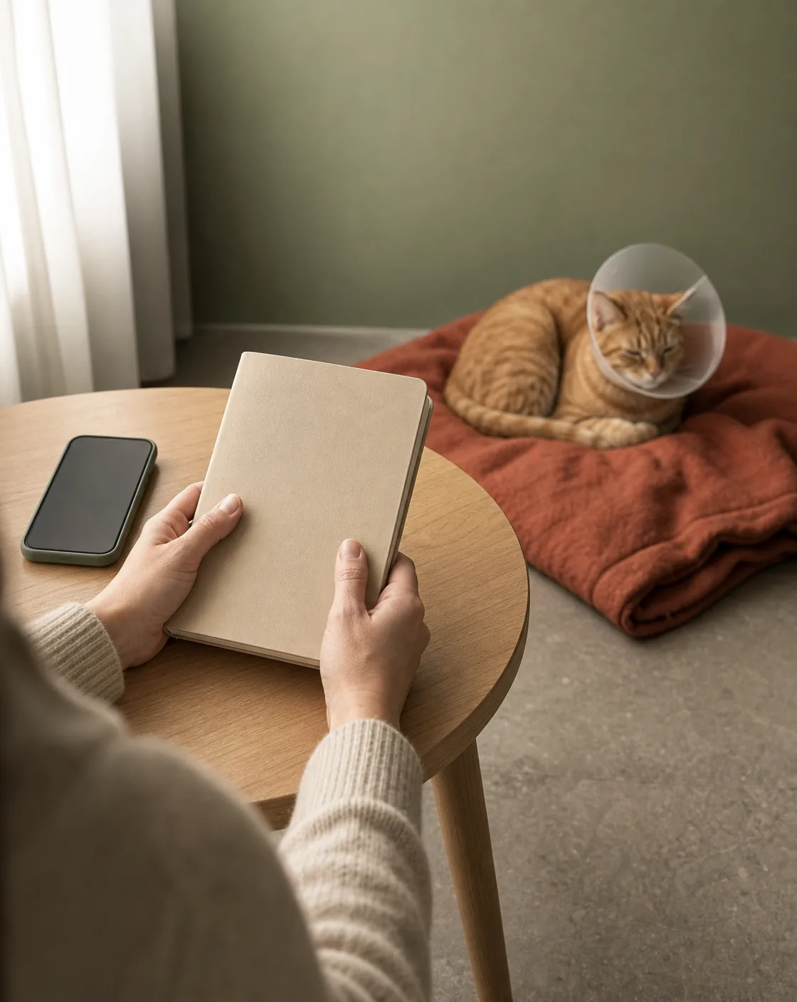 A caregiver holds a notebook beside a phone while a cat in a protective cone rests behind them.