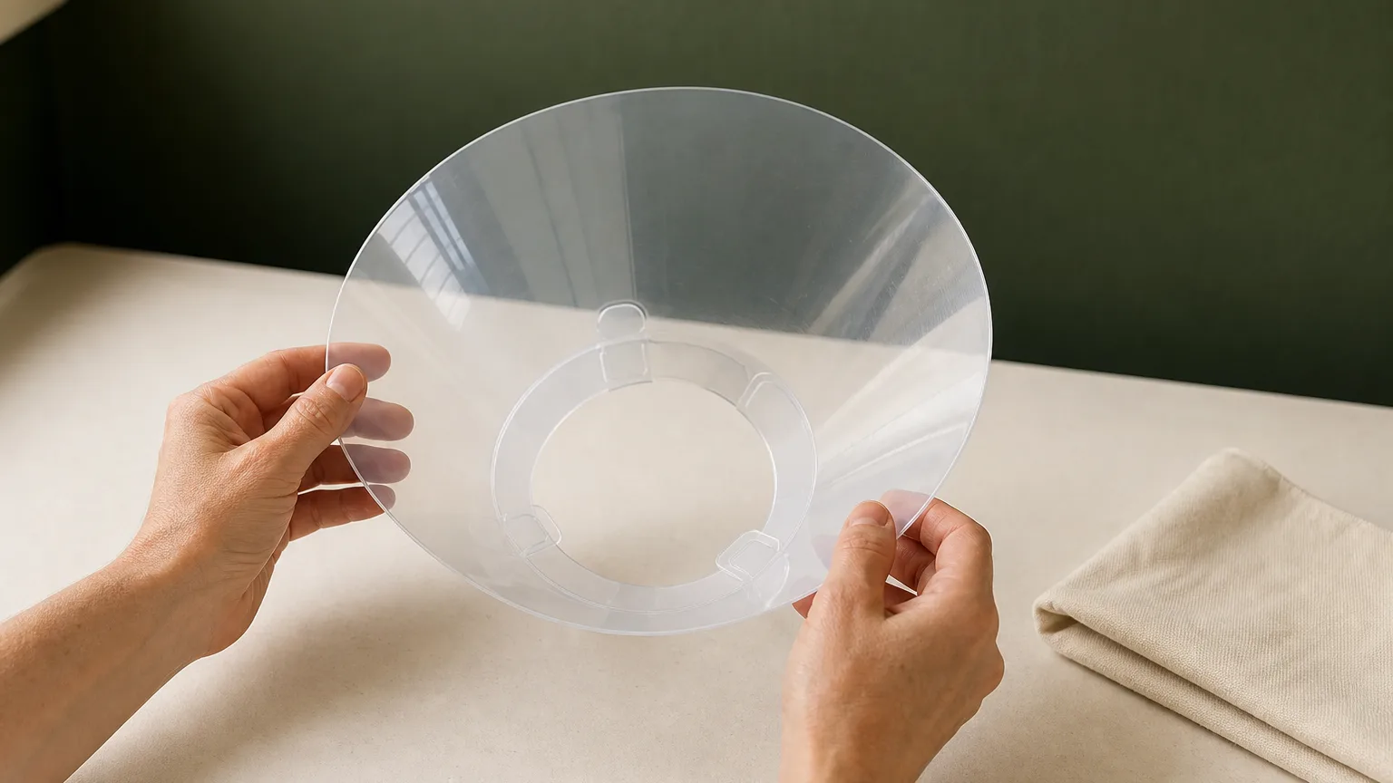 Hands inspect an empty spare cone; the illustration does not show removing a patient's collar.