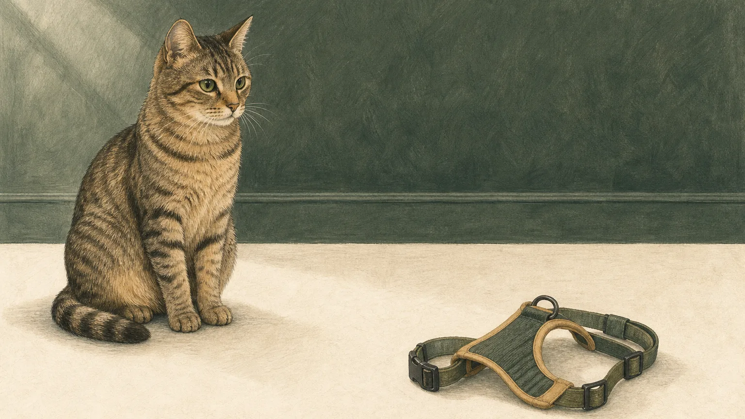 Editorial illustration of a cat choosing whether to approach a harness