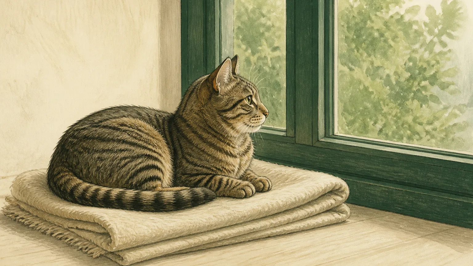 Illustrated cat resting beside a closed window as an indoor enrichment option