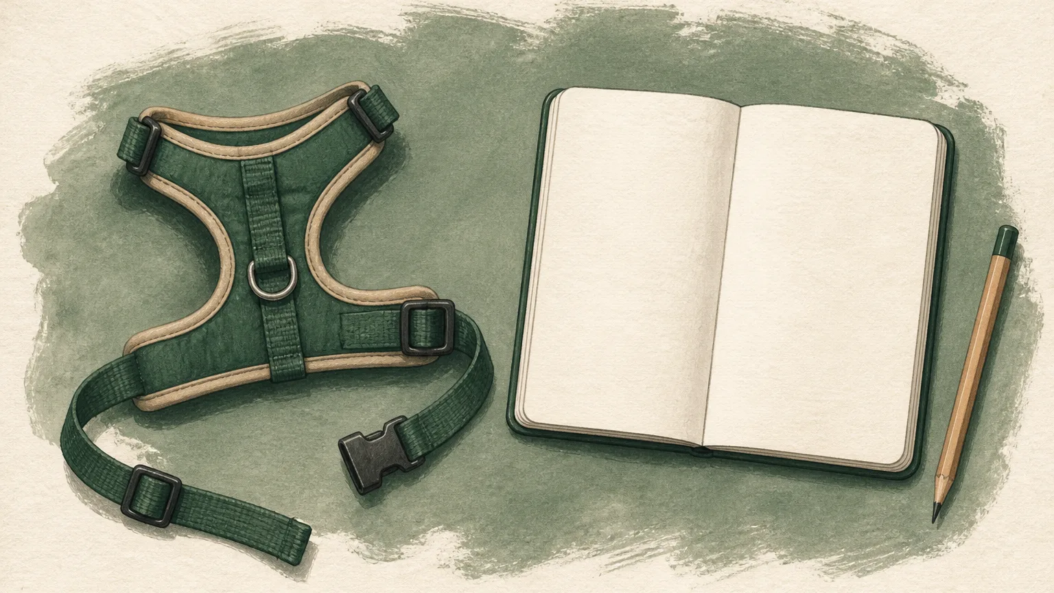 Illustrated harness beside an empty observation notebook