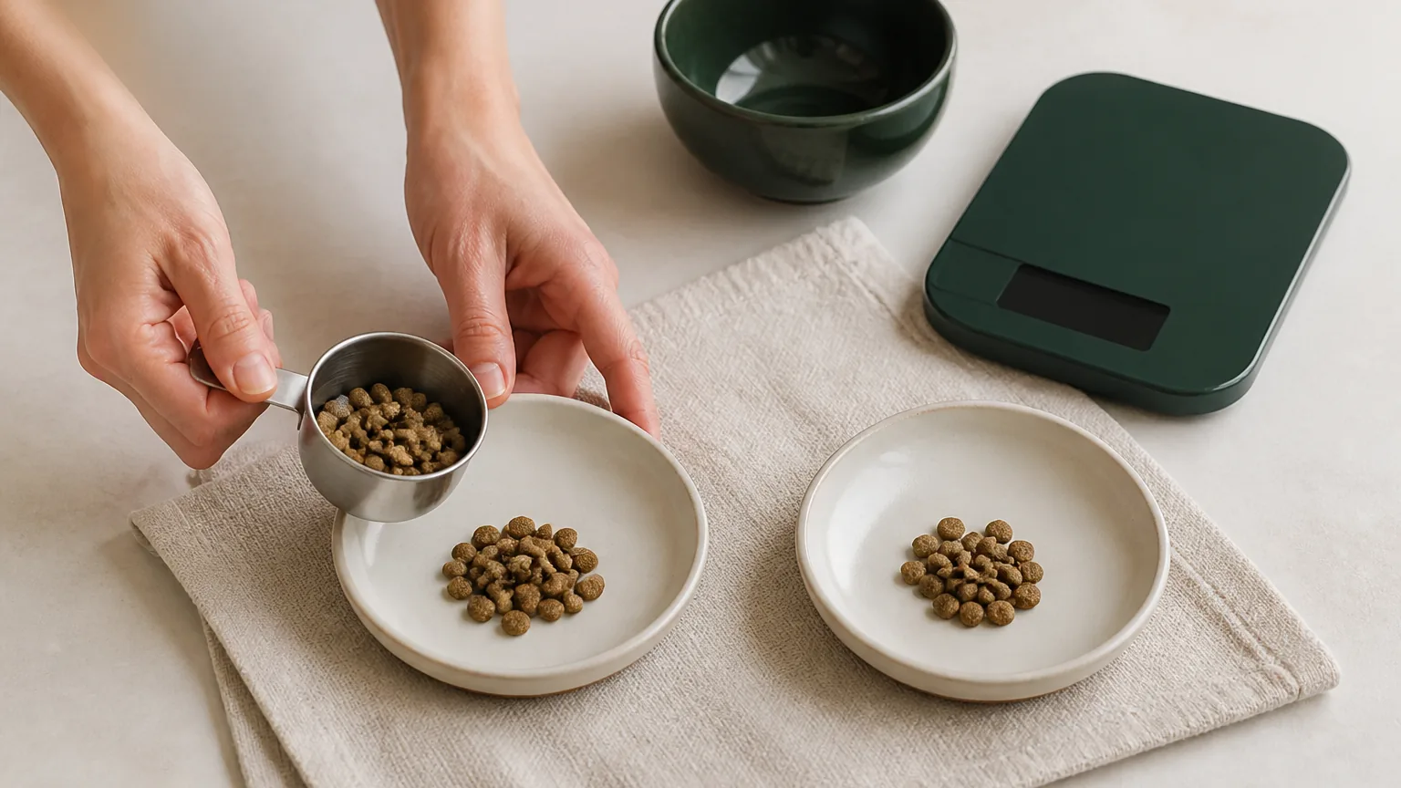 Hands portioning kibble between shallow dishes beside a kitchen scale with a blank display