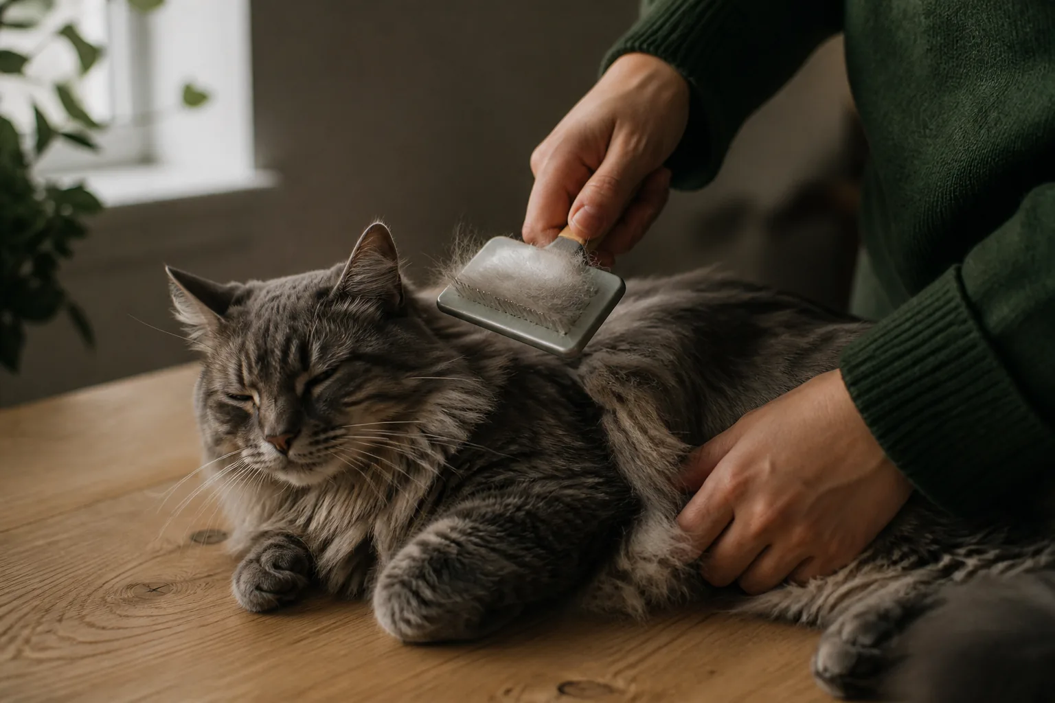 Hands brushing a long-haired grey tabby with a slicker brush on a light oak table, loose fur collecting in the pins