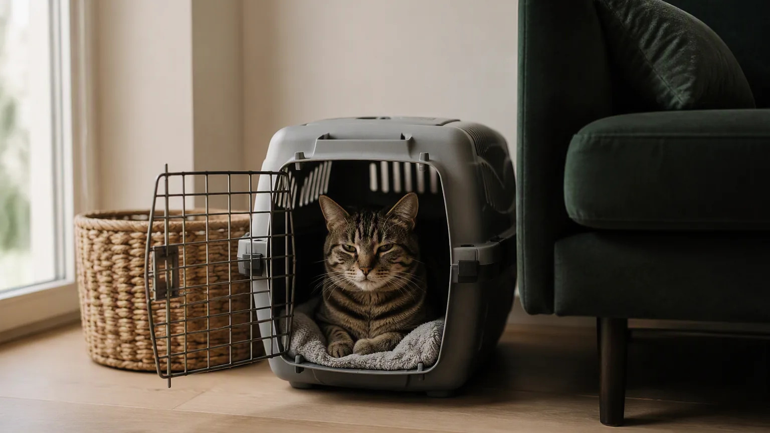 一只虎斑猫安然坐在敞开的航空箱里，箱子被当作沙发旁的家具