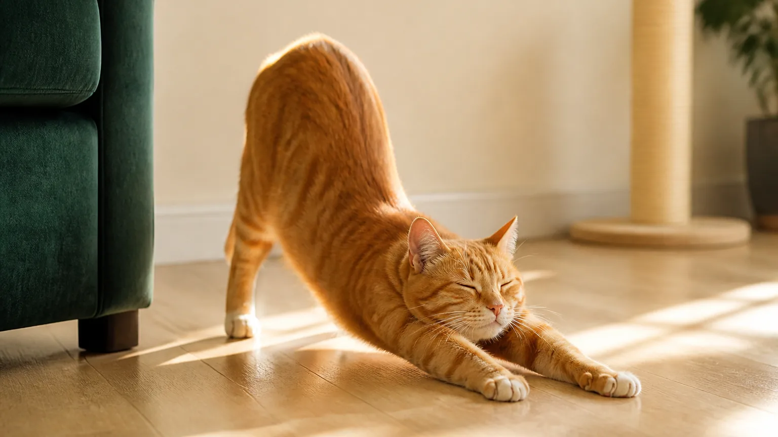 A ginger cat performing the long low stretch that follows waking, on open floorboards with an unused scratching post out of focus behind it