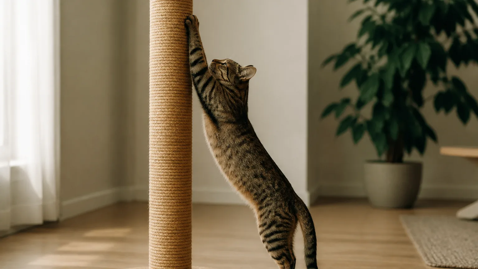 A tabby cat stretching upward against a tall rope-wound scratching post in a warm, sunlit living room
