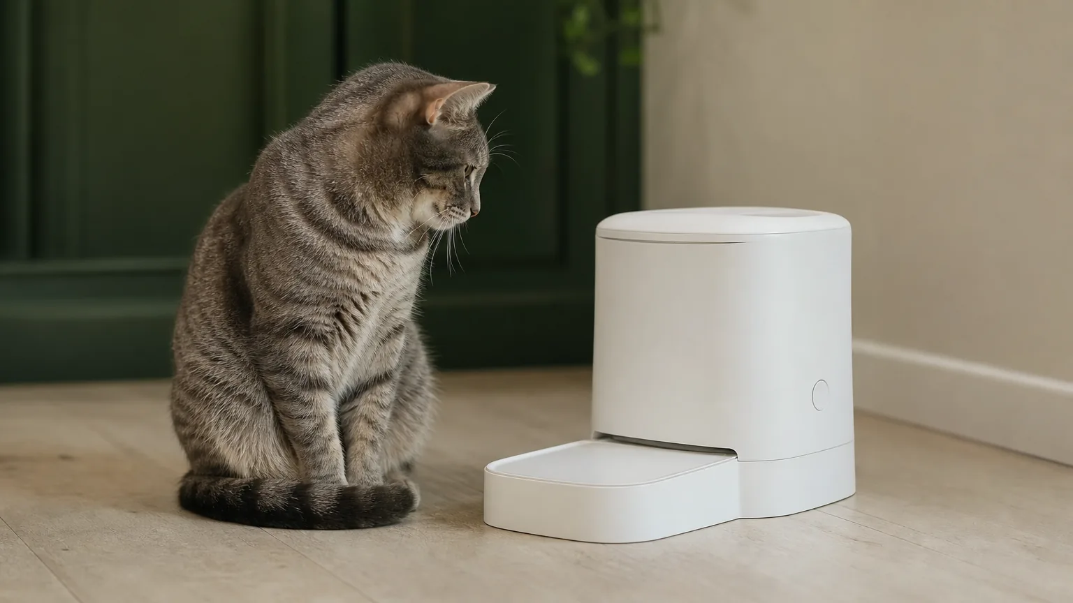A cat sitting beside a closed automatic feeder, waiting, with no person in the room