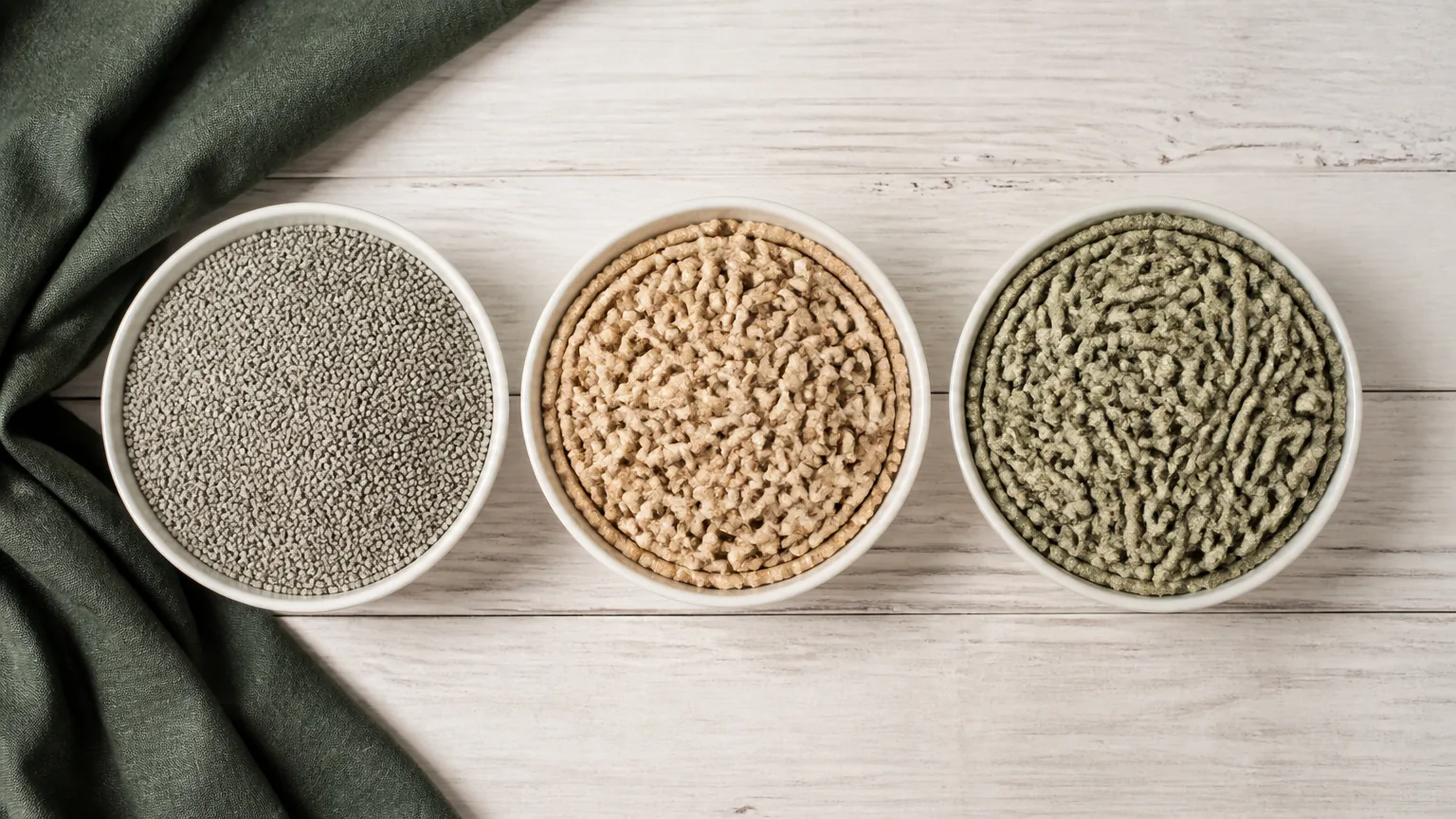 Three dishes holding clumping clay, wood pellet and paper pellet cat litter, seen from above