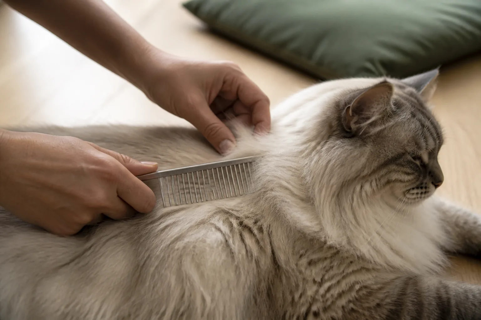 A wide-tooth comb held flat against a cat's coat, teeth sliding under a loosened section of fur