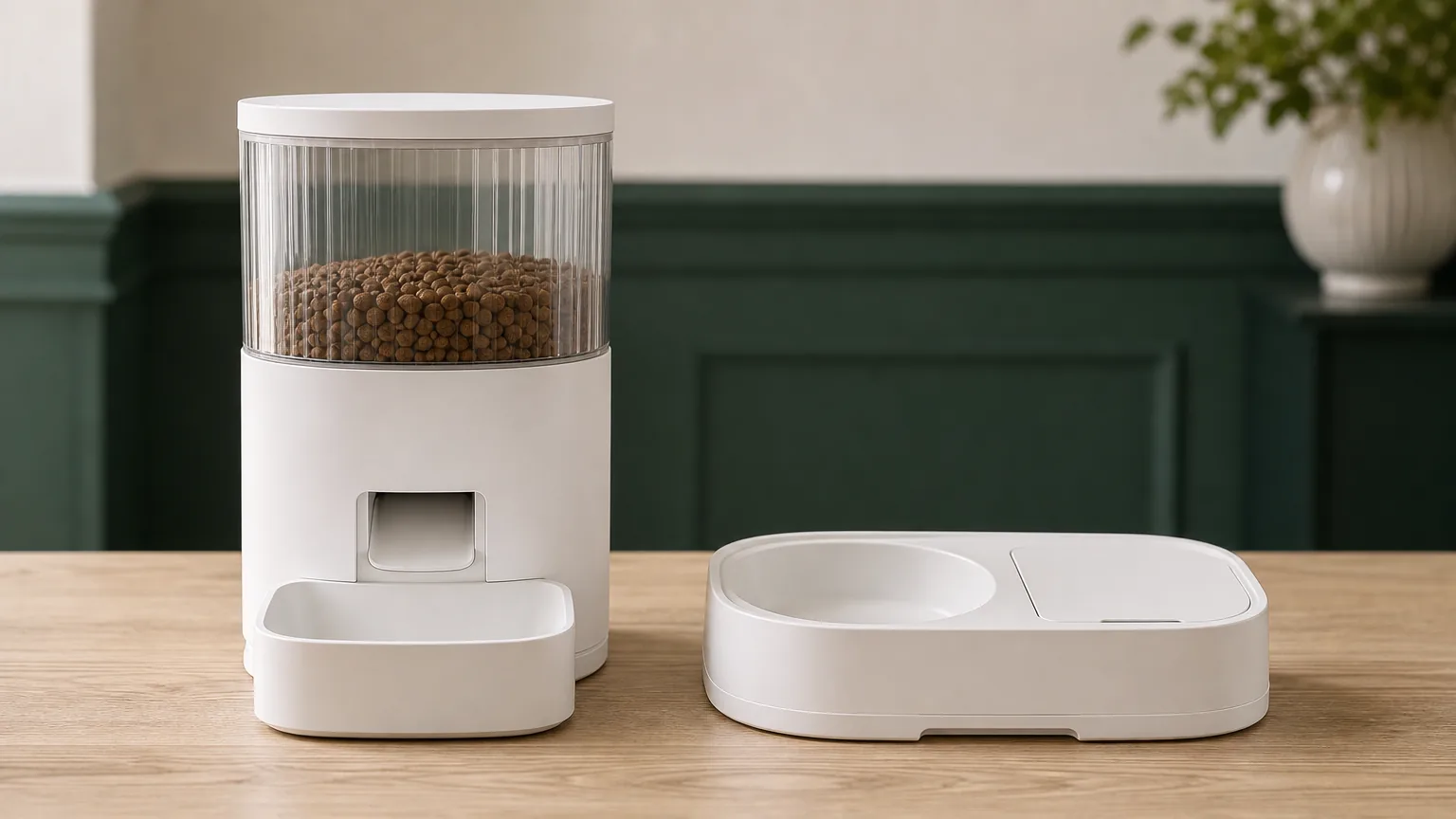 A white programmable automatic pet feeder on a pale kitchen counter