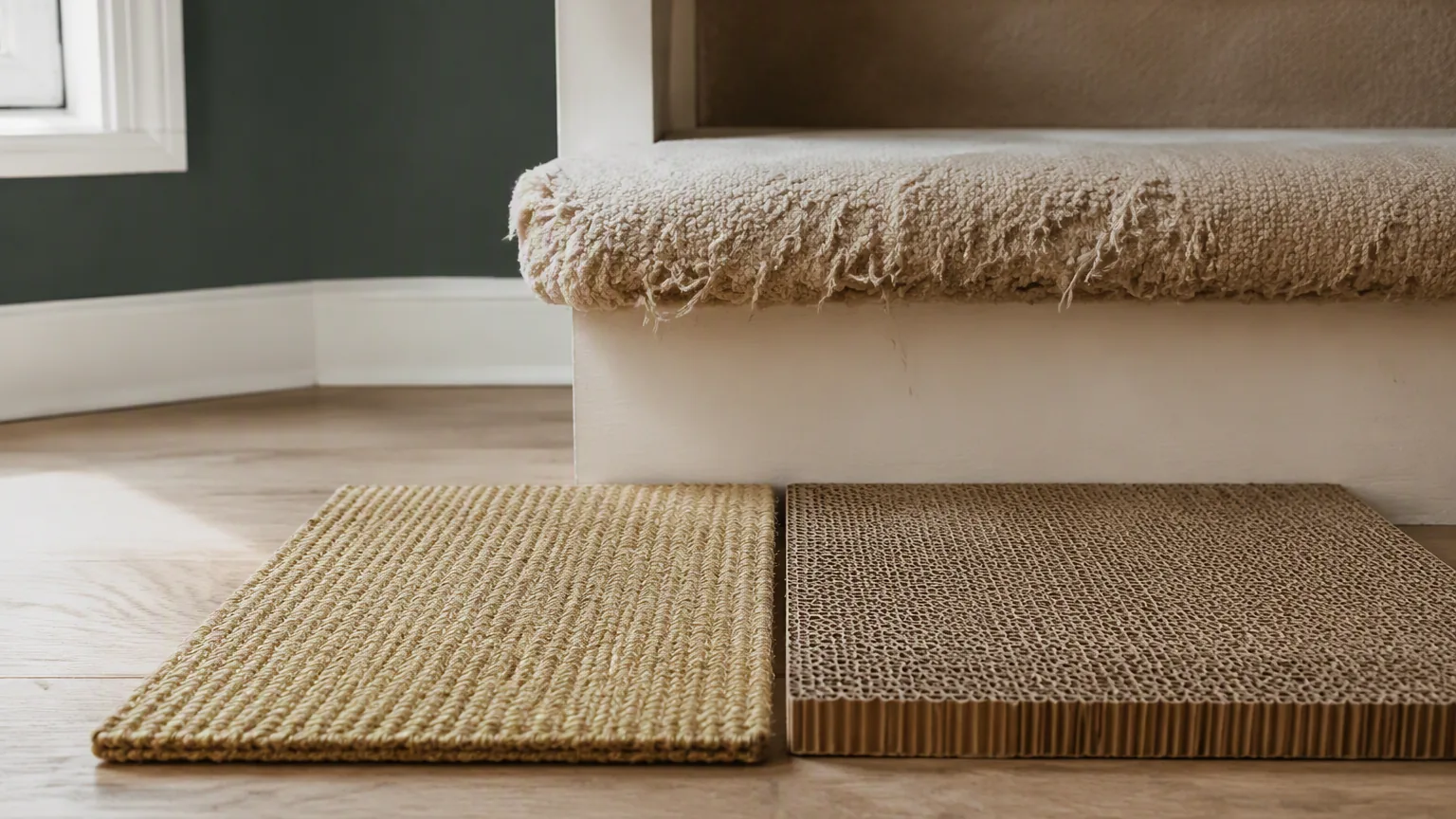 Two flat scratchers placed directly against a carpeted stair edge where a cat has been clawing