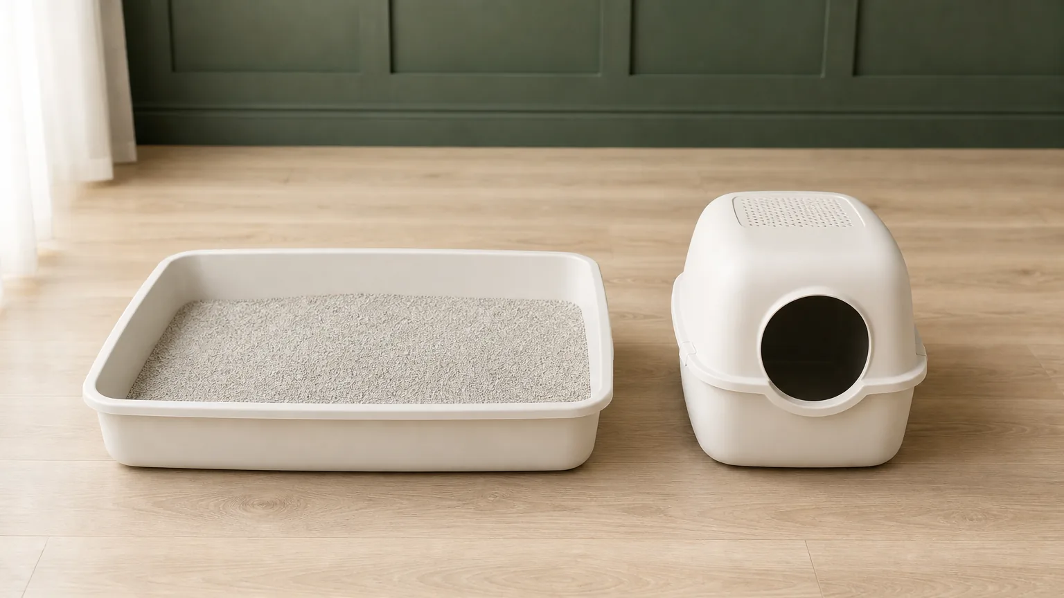 A large uncovered litter tray beside a smaller covered one for size comparison