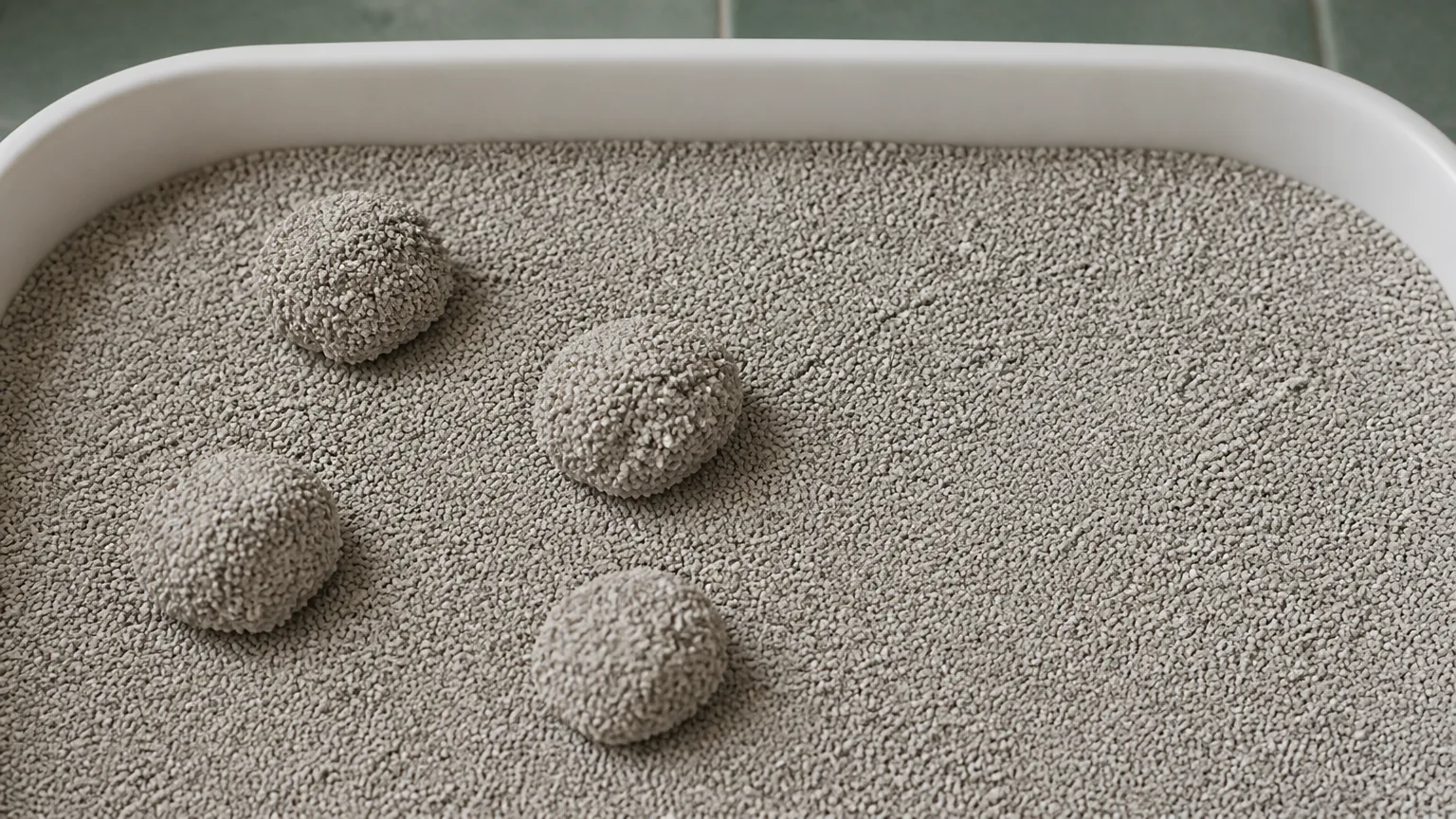 Overhead close-up of a clean white litter tray filled with pale grey clumping clay litter, interrupted by four dry rounded clumps sitting on an otherwise smooth surface