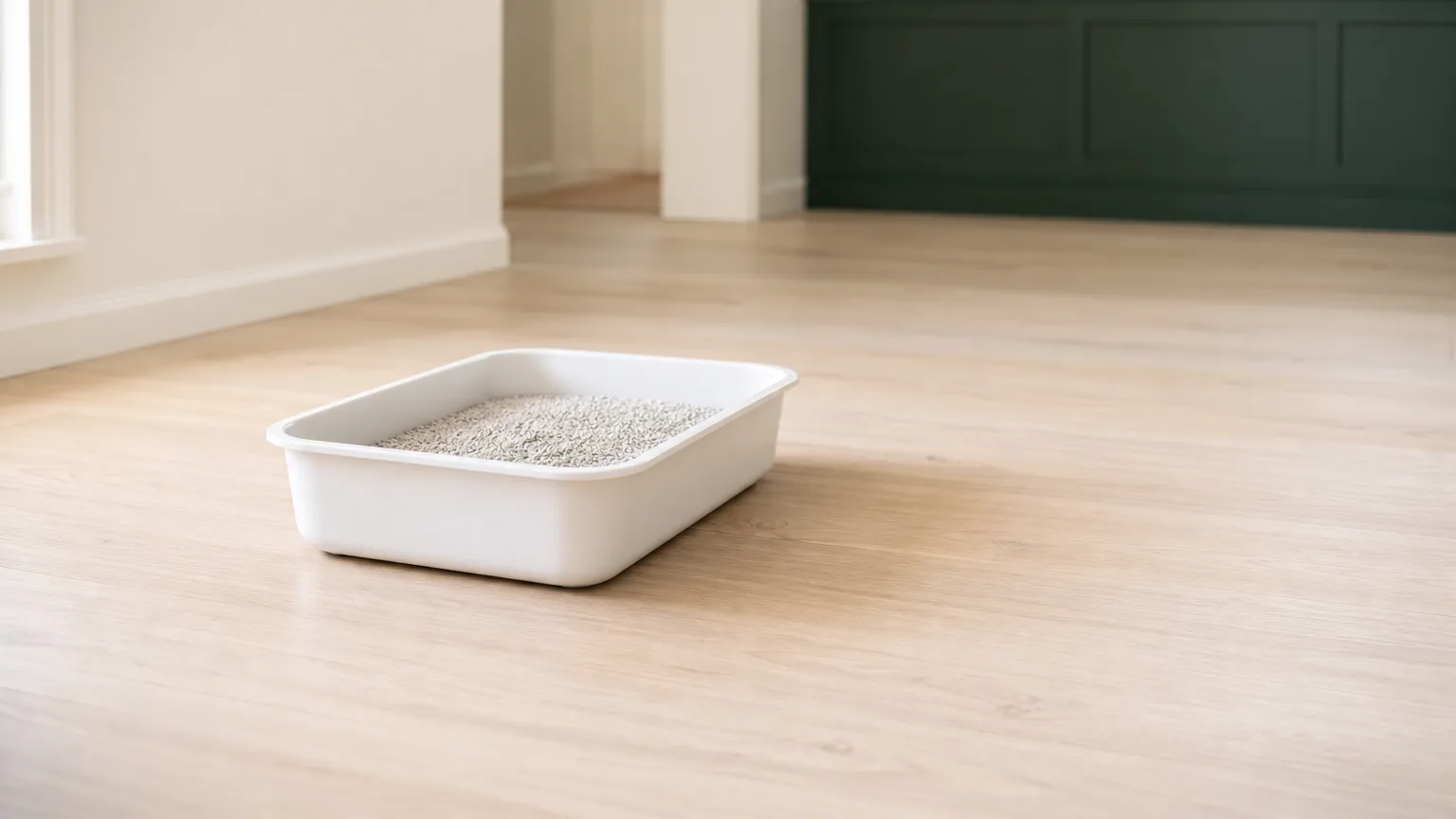 A litter tray positioned away from a wall showing two clear exit paths