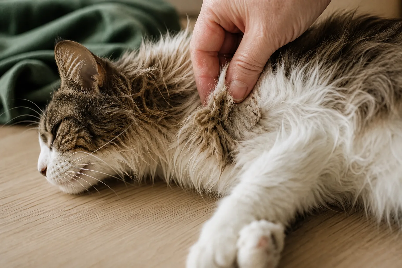 A hand parting a long-haired cat's coat behind the ear to reveal a mat forming underneath