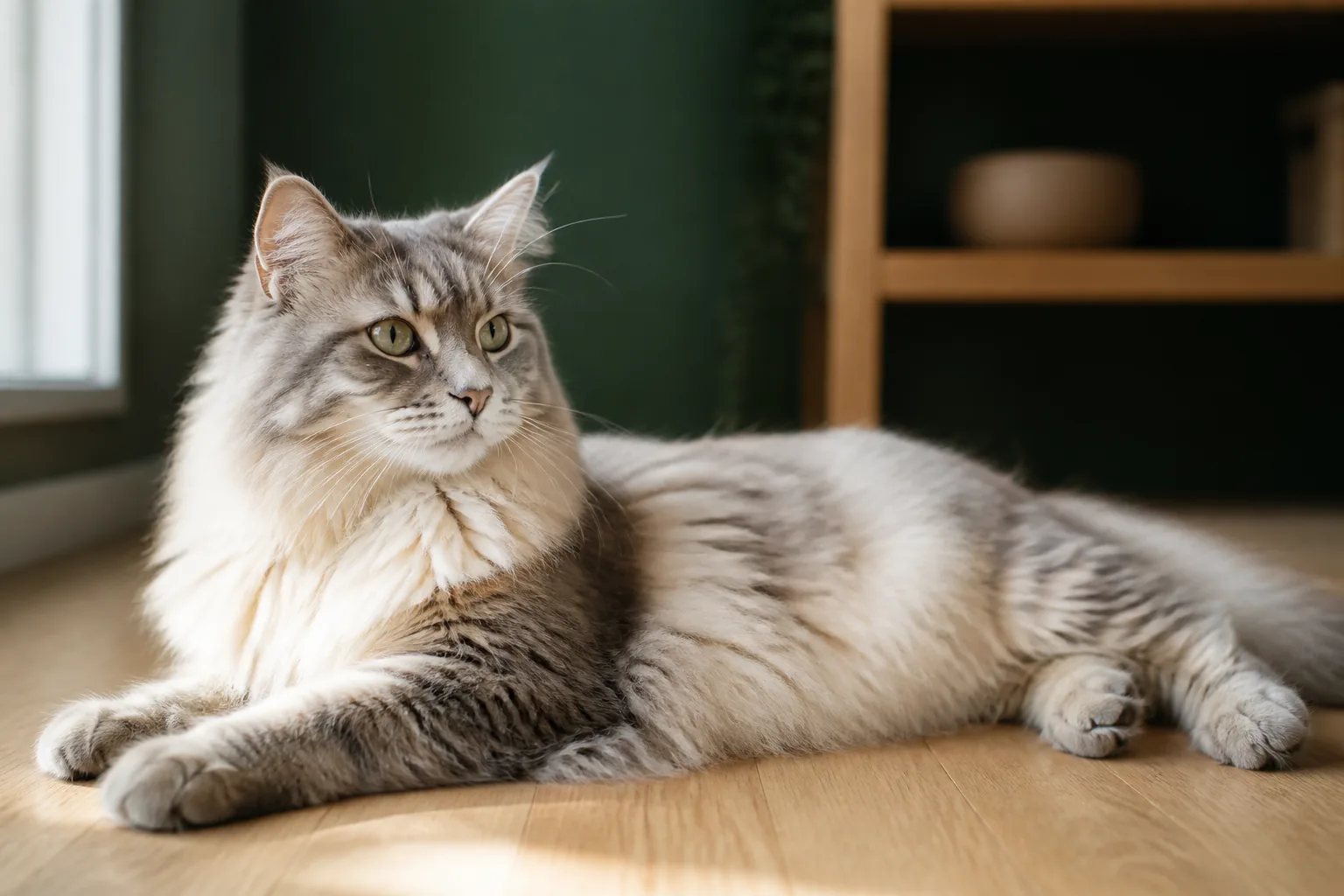 A long-haired cat lying calmly on a light oak floor after grooming, coat separated and even