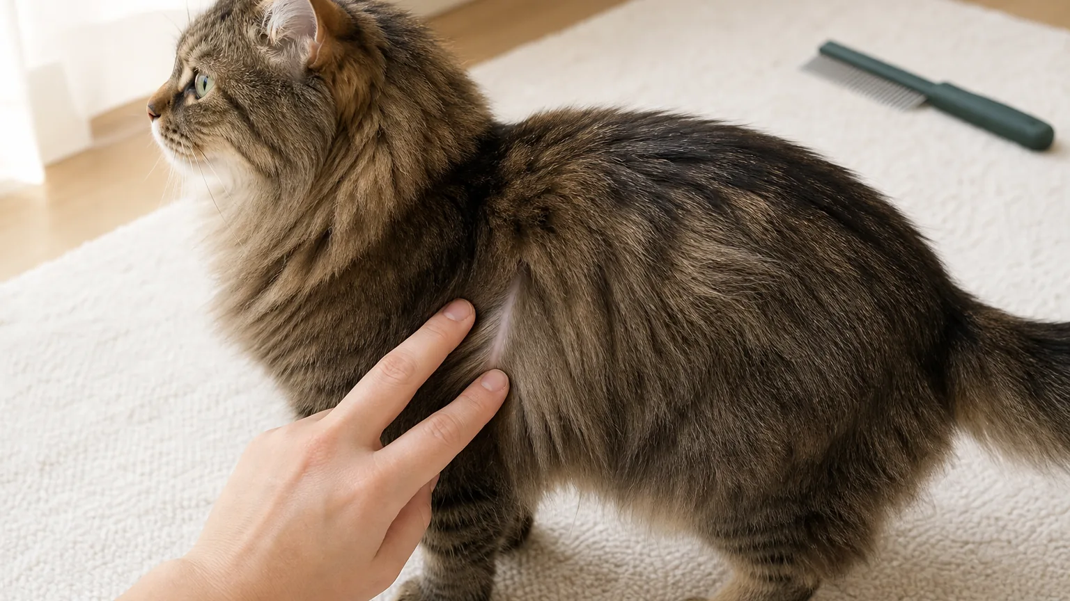 Fingers gently parting a tabby's shoulder coat to inspect a narrow strip of skin, with the comb set aside