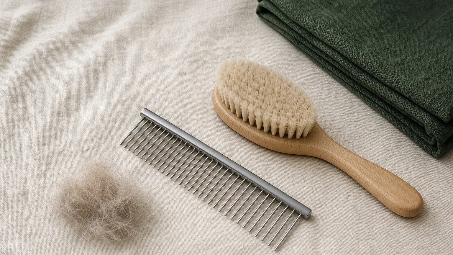 A metal comb and soft brush on cream linen with loose fur and a folded dark-green cloth