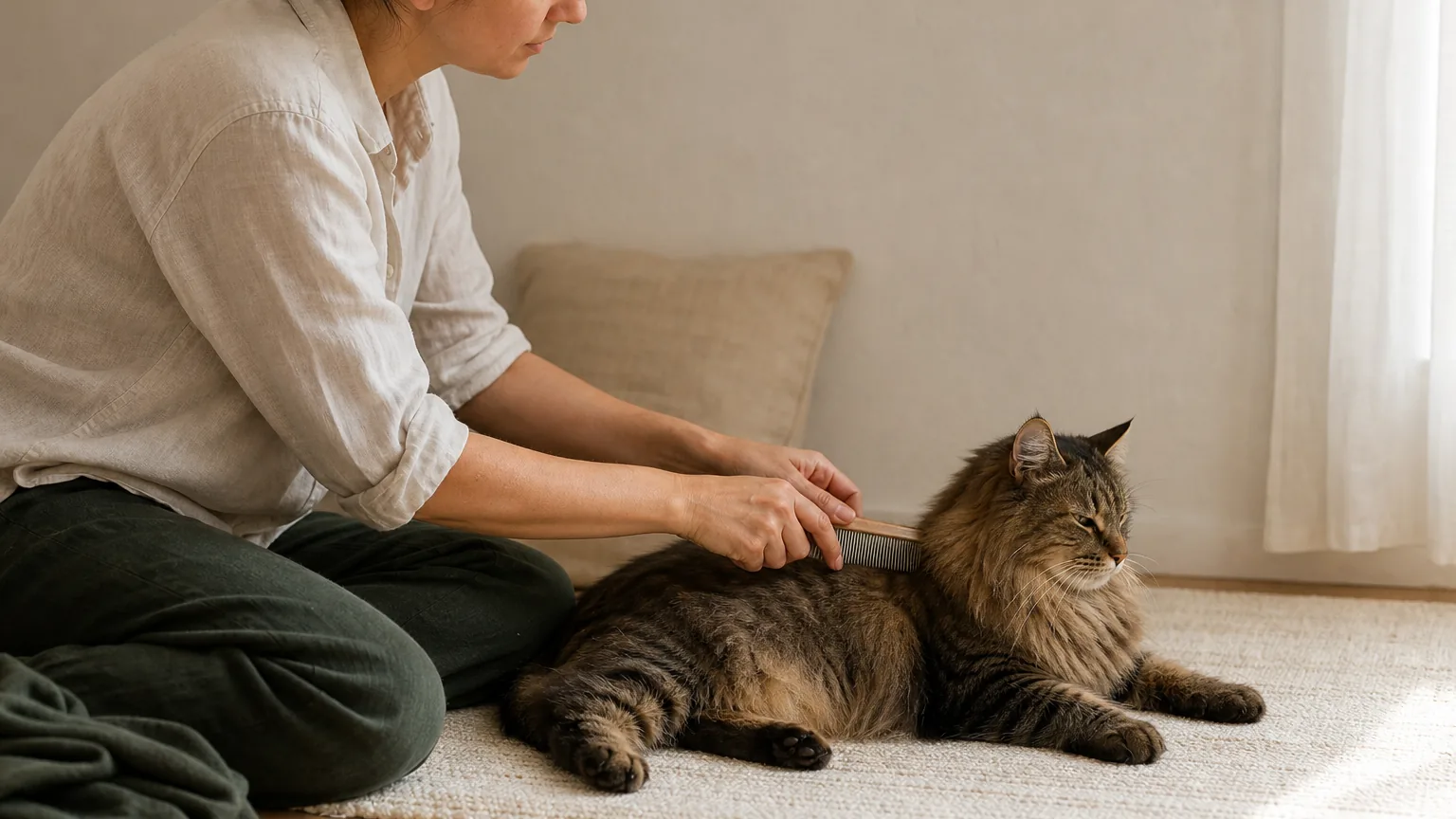 A long-haired tabby resting on a cream mat while an owner gently combs its back without restraint