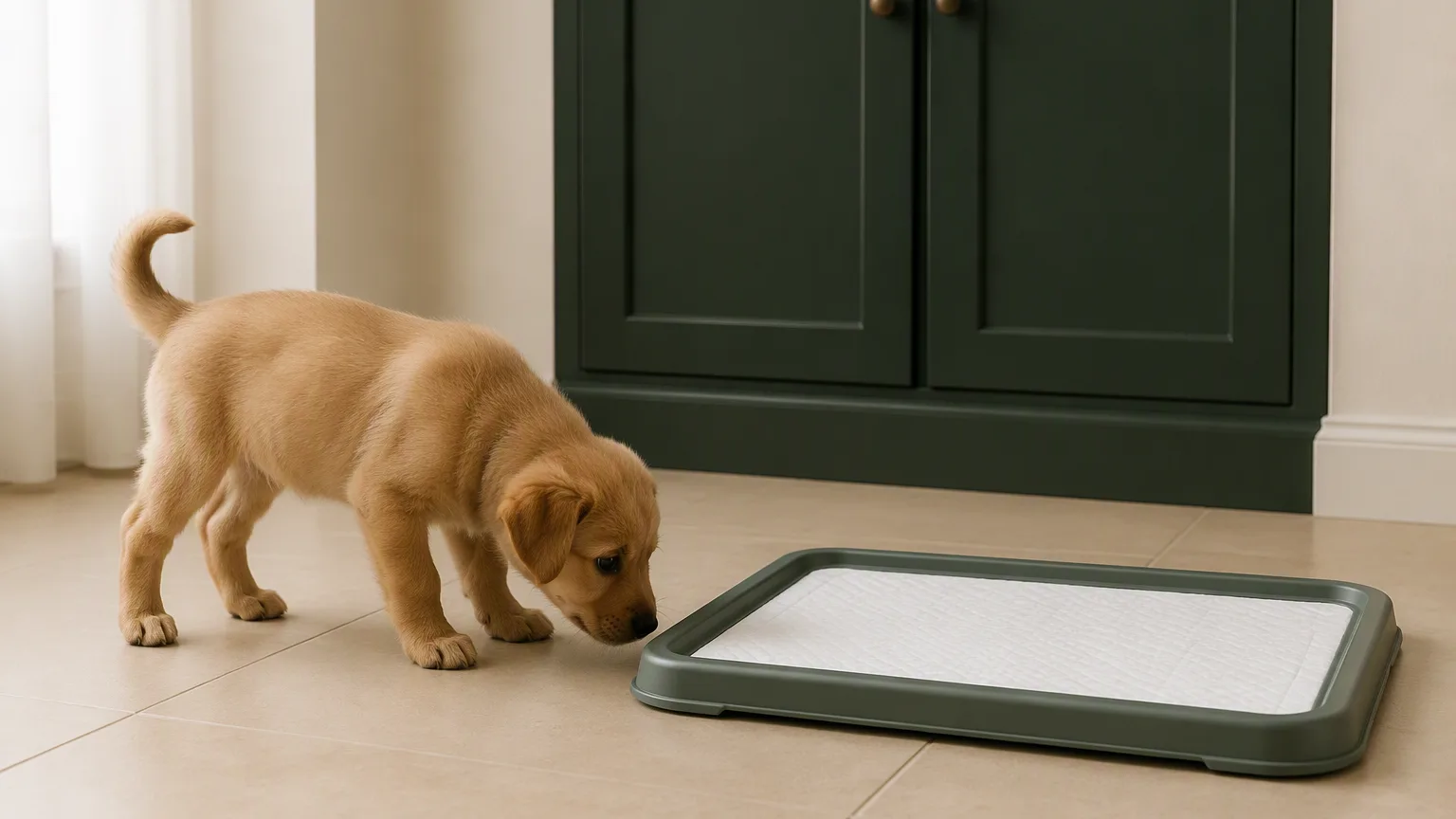 A puppy approaching a generic pad holder without being forced onto it
