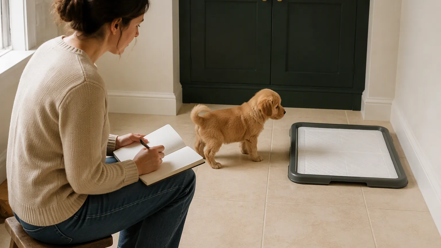 An owner recording observations while a puppy investigates a pad holder
