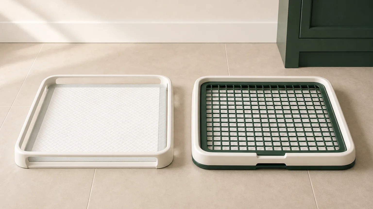 An open-frame pad holder beside a grid-top tray, illustrating different surfaces
