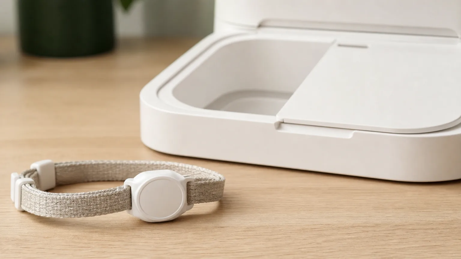 A collar tag beside an automatic feeder bowl fitted with a sliding access shield