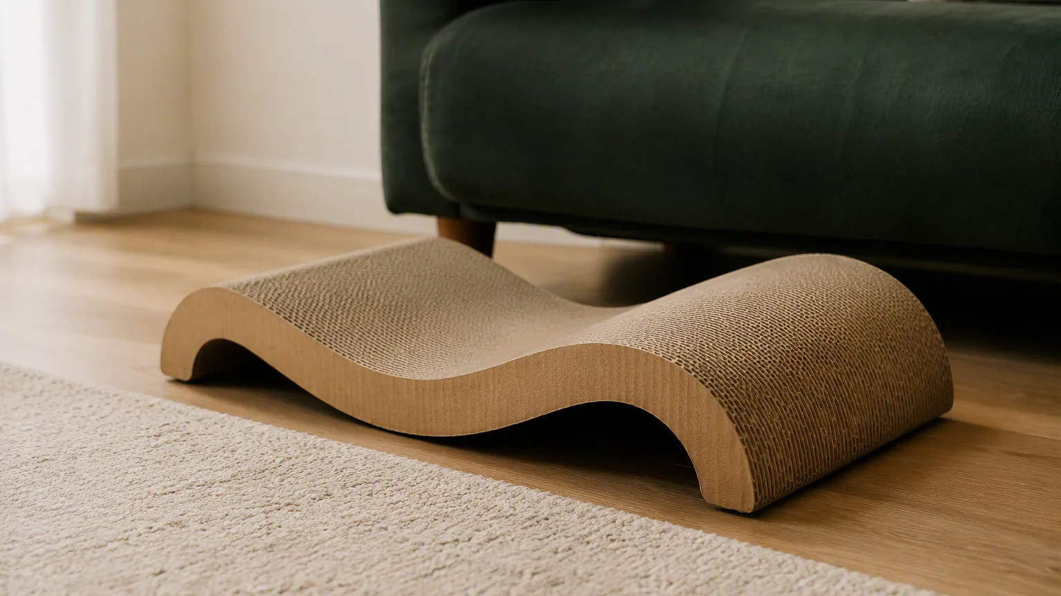 An S-shaped corrugated cardboard scratcher lying flat on a floor beside a carpet edge