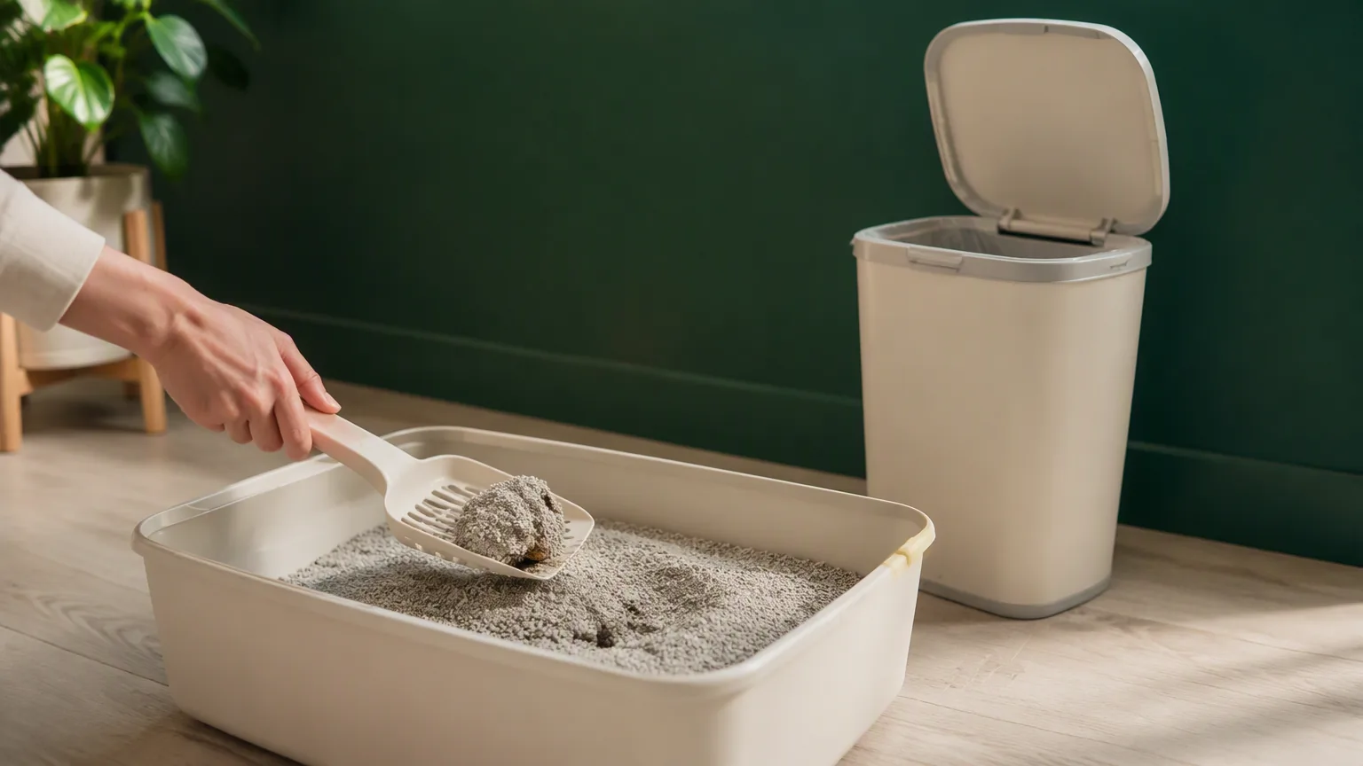 A hand scooping a clean litter tray with a scoop and waste bin beside it