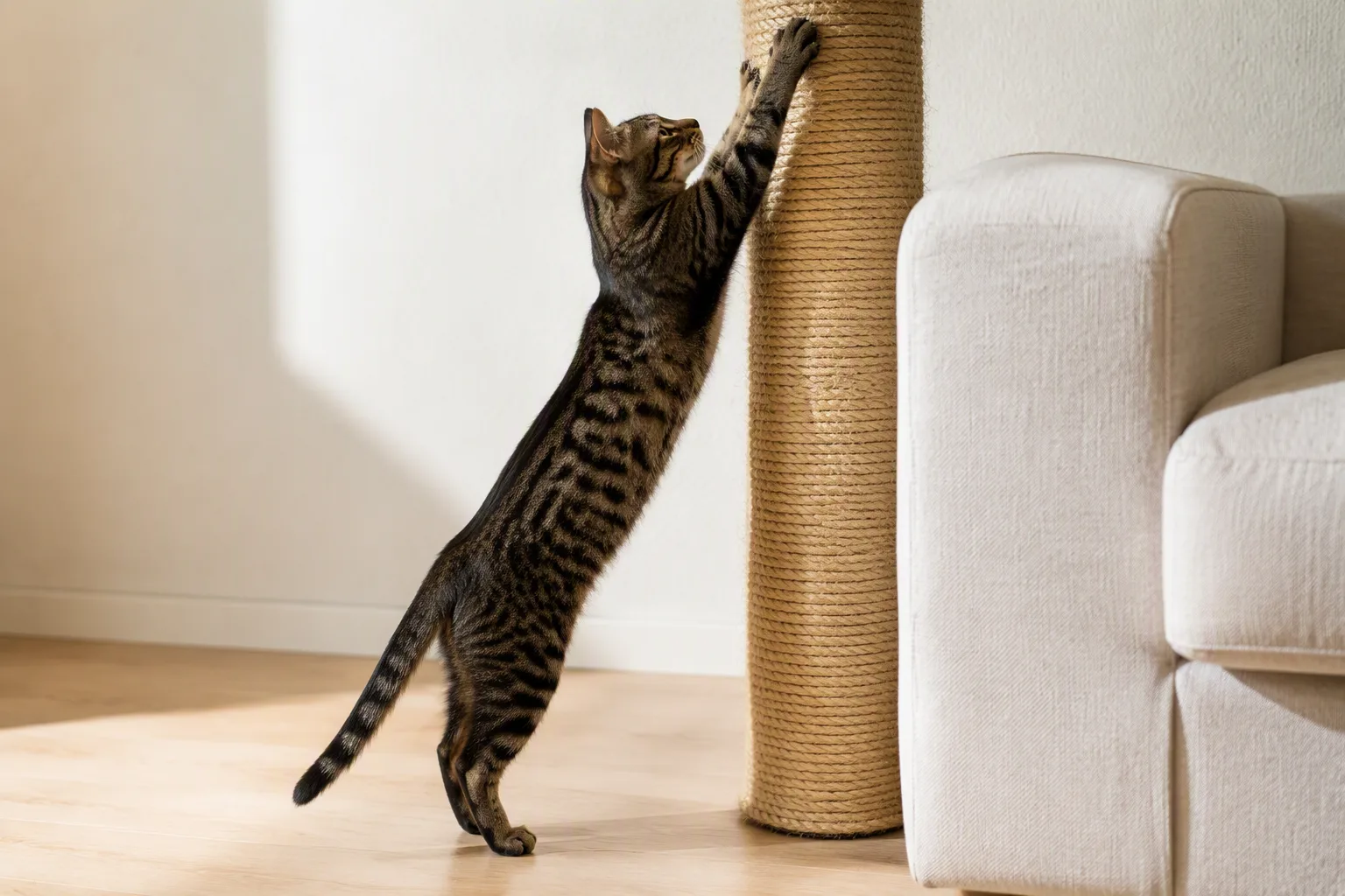 A cat stretching upward with front claws on a sisal-wrapped scratching post beside a sofa