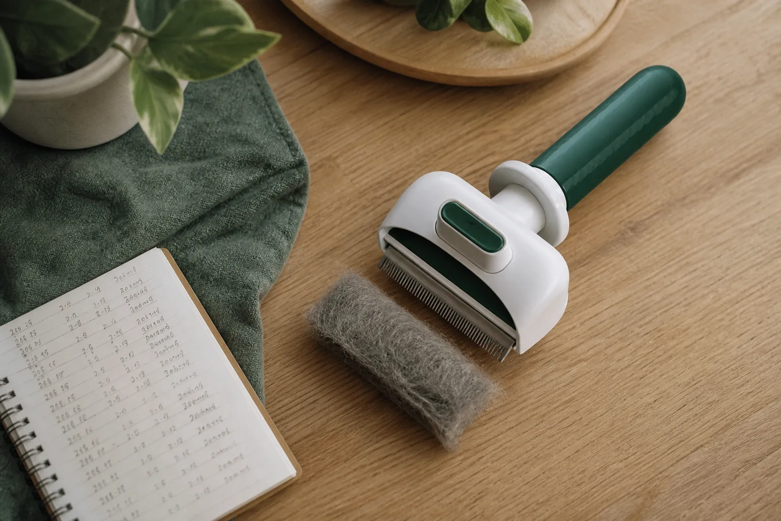 A self-cleaning slicker brush with its head retracted, releasing a compact pad of collected grey fur onto an oak surface next to a handwritten hairball log