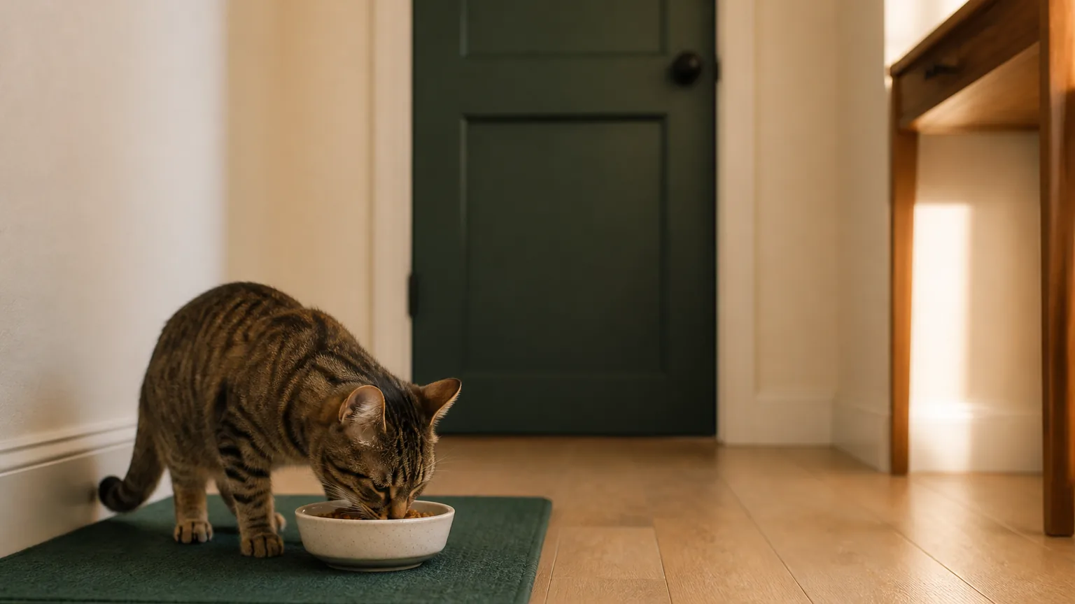 A single cat eating in a quiet room with a closed solid door behind it