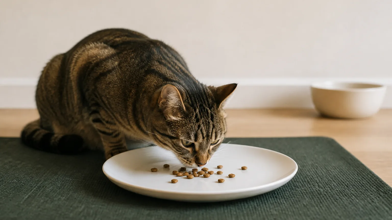 A tabby cat eating scattered kibble from a wide white plate on a dark-green mat