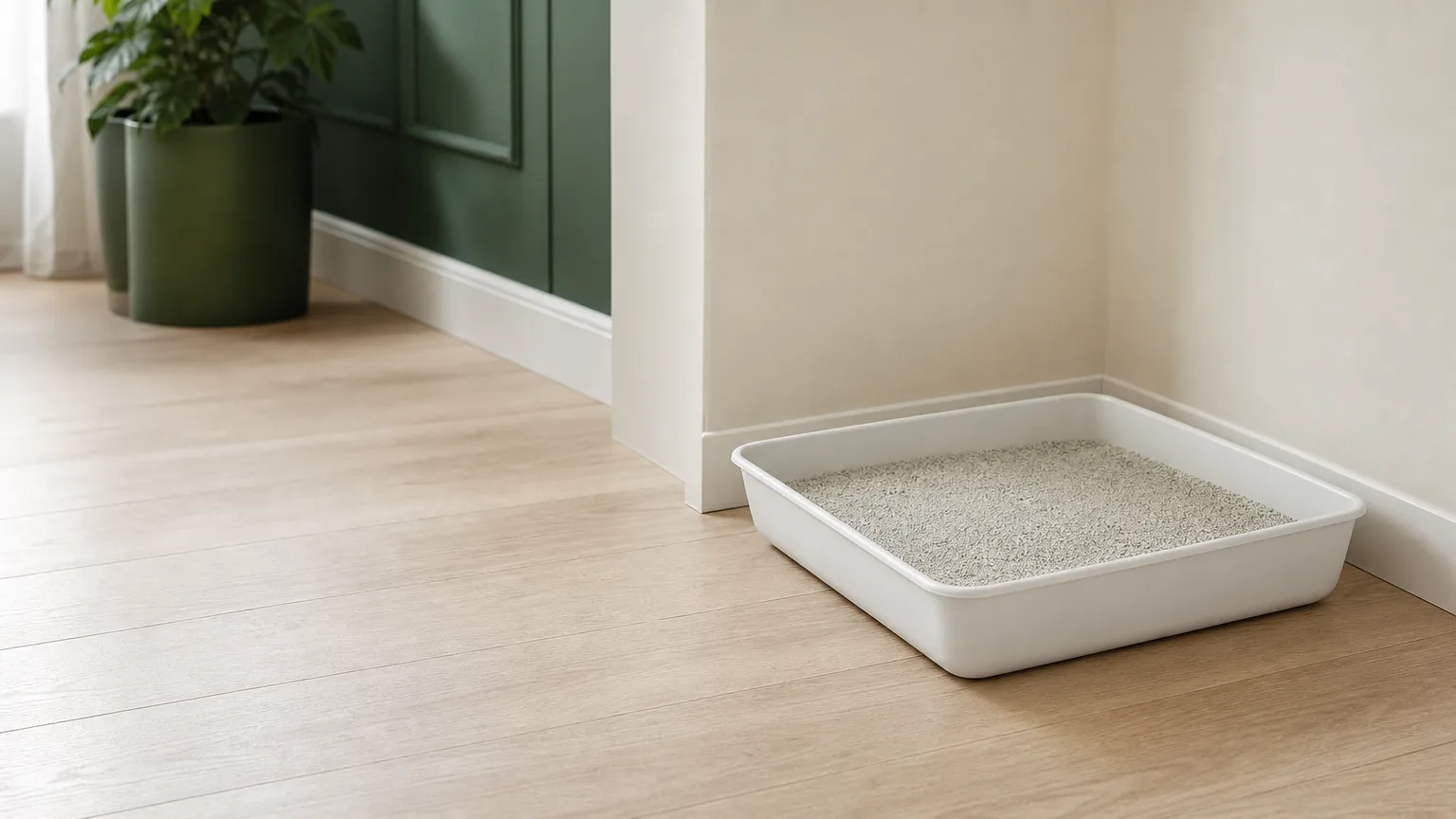 A compact white litter tray tucked against a pale wall in a small apartment