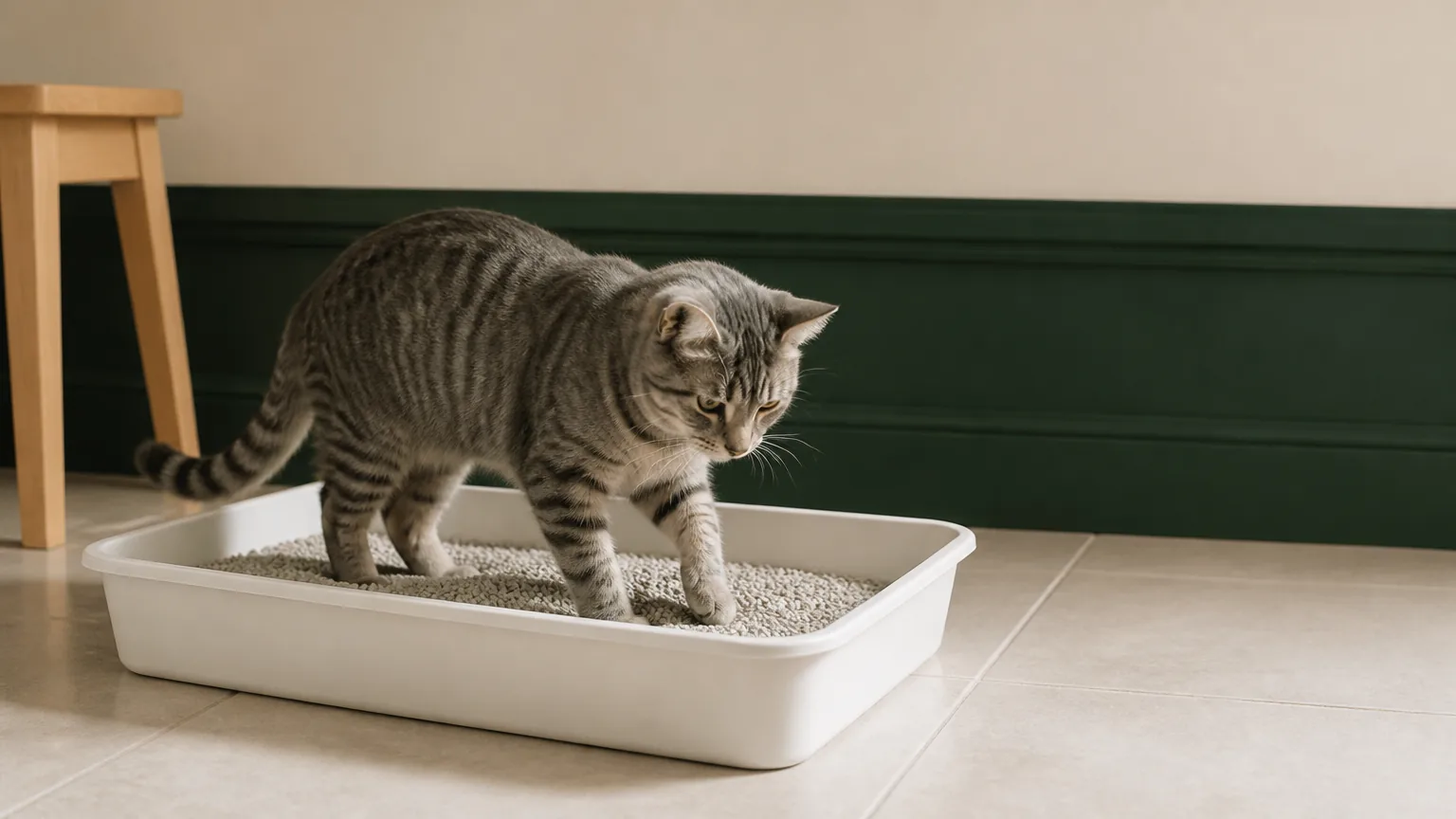 A grey tabby cat standing calmly with all four paws inside a clean white litter tray on pale tile, looking down at the fresh litter