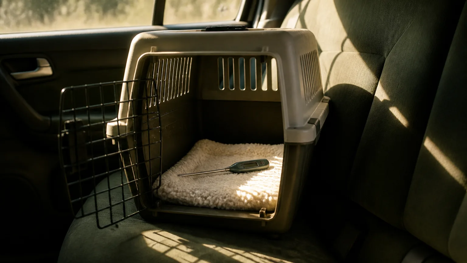 A digital thermometer resting on the bedding inside an empty carrier on a car seat, with a bright patch of sunlight falling across it