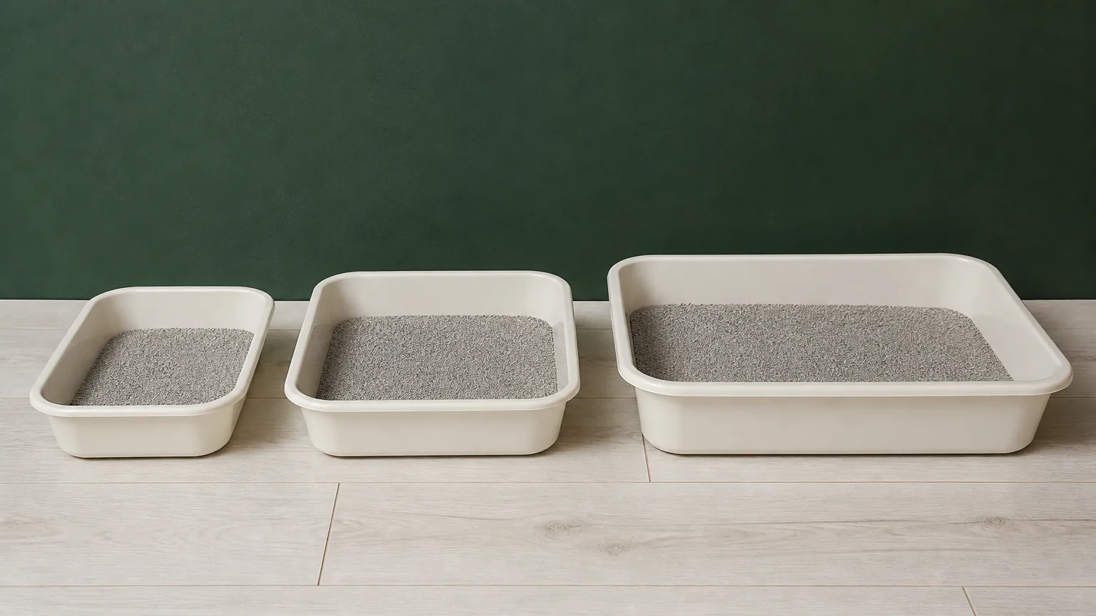 Three uncovered litter boxes of different widths side by side on a pale floor