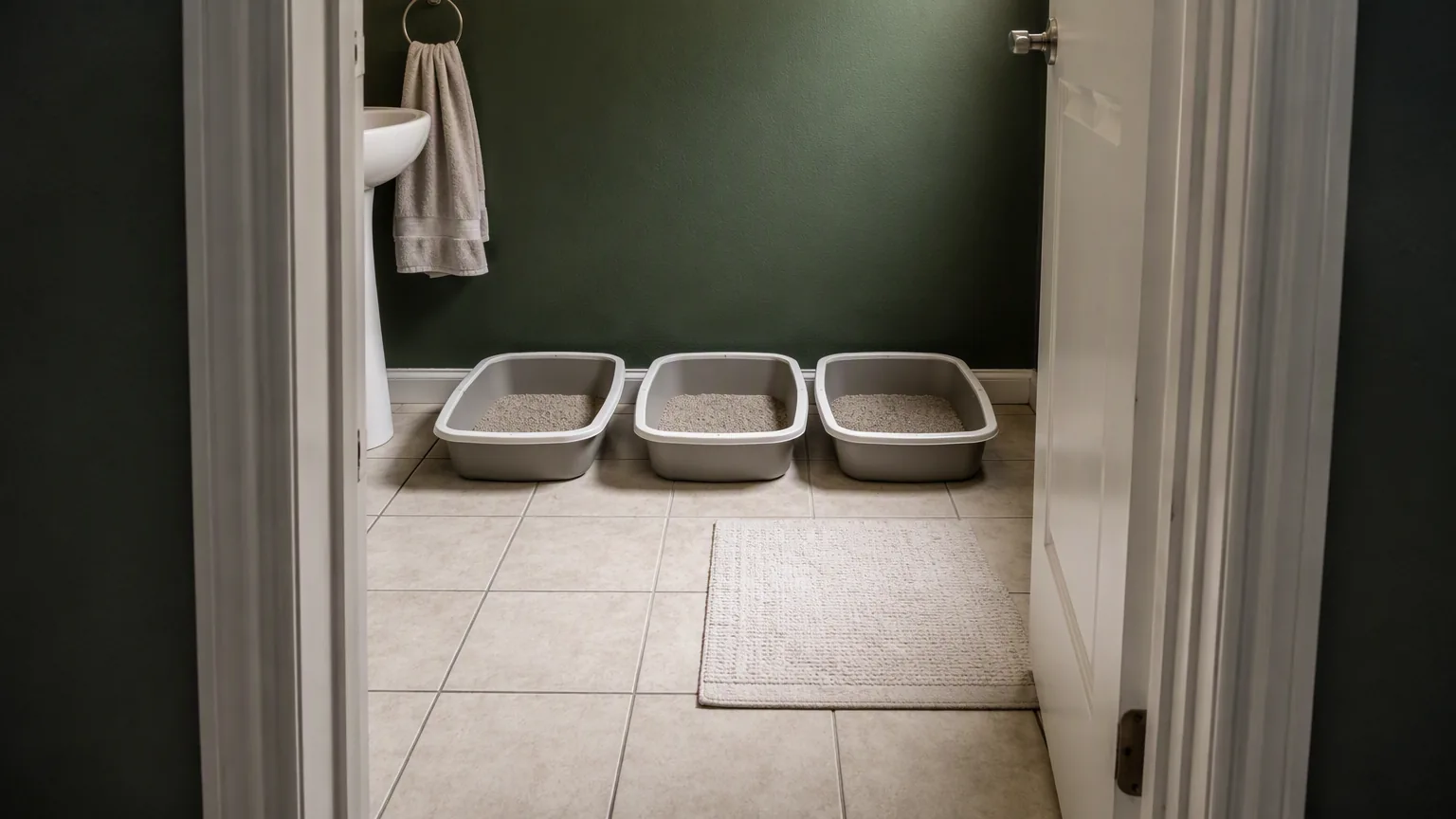 Three litter trays lined up against one wall of a small bathroom, seen through the open doorway