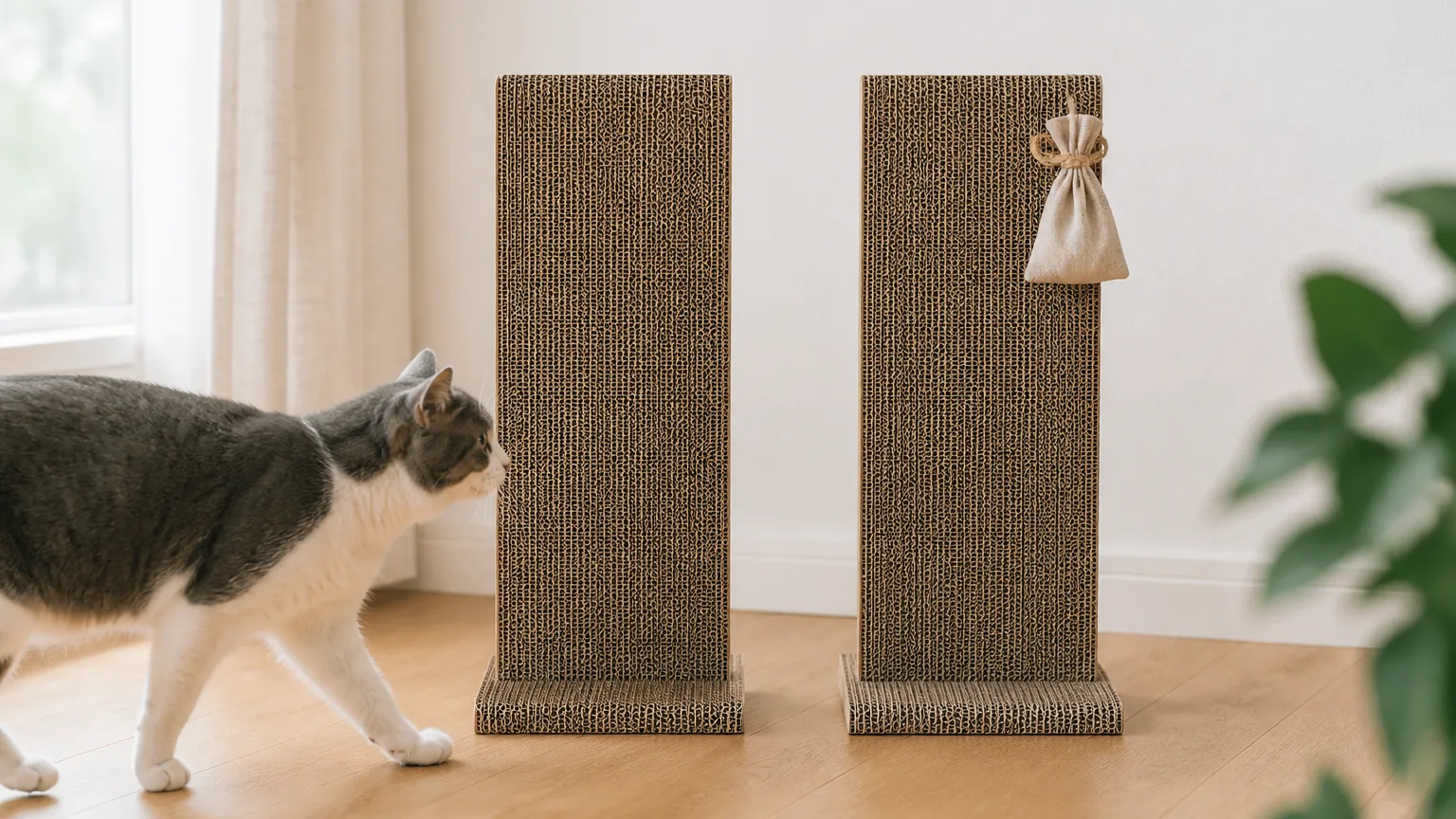Two identical cardboard scratching posts side by side, one with a small sachet attached, in a neutral living room
