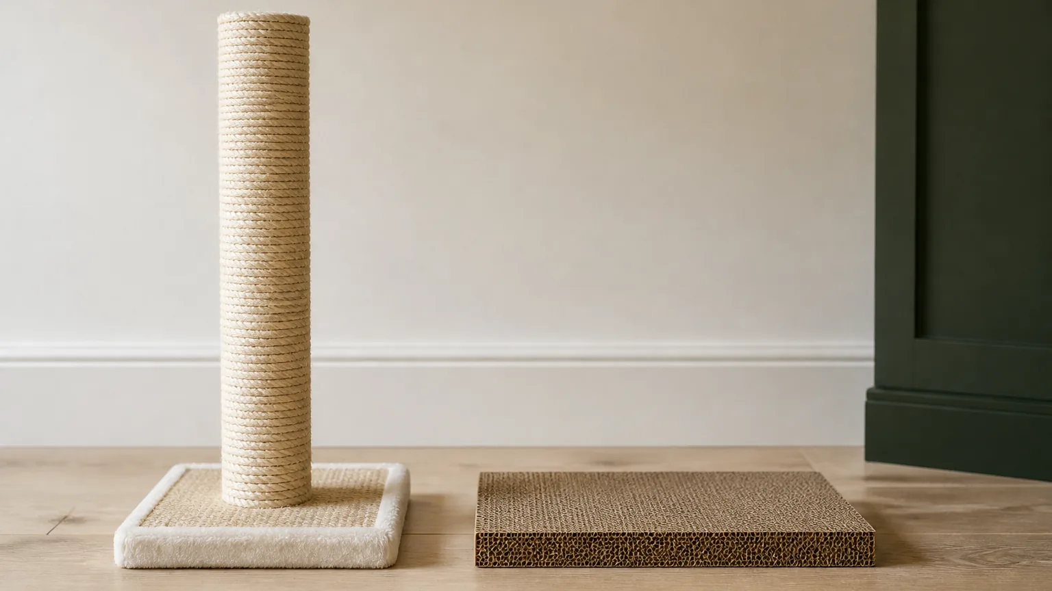 An upright sisal post and a flat corrugated cardboard pad placed side by side on a wooden floor for direct comparison