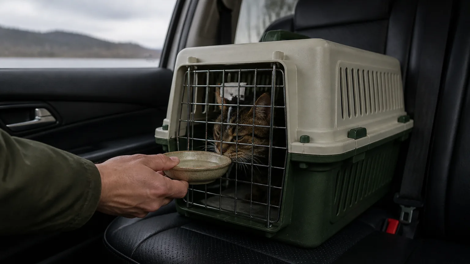 A hand holding a shallow ceramic dish of water against the closed wire door of a cat carrier on a car back seat, cat sniffing from inside