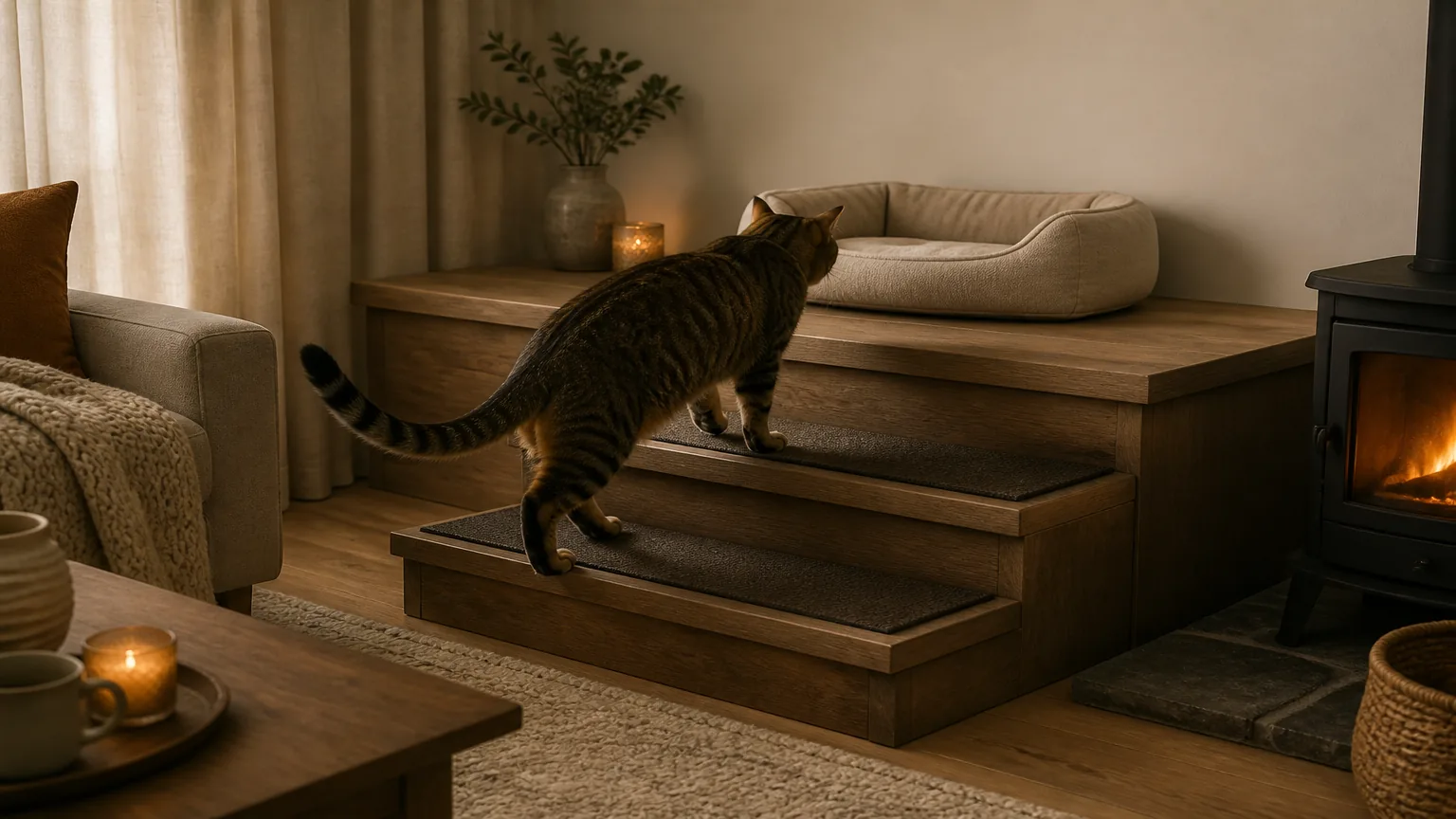 A tabby using broad low steps to reach a bed on a stable platform